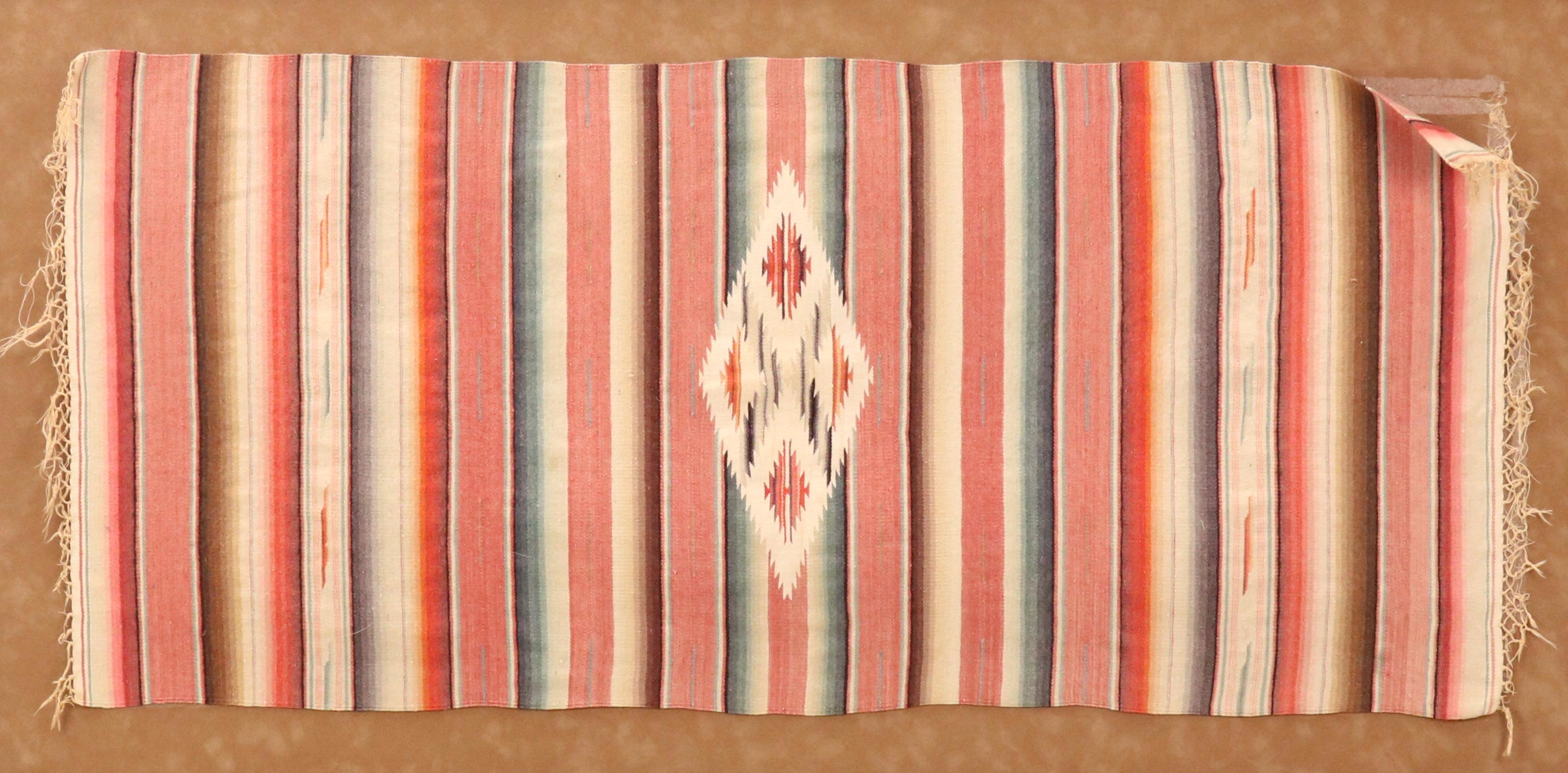 Handwoven Mexican Saltillo Serape with Red and Blue Stripes in Frame