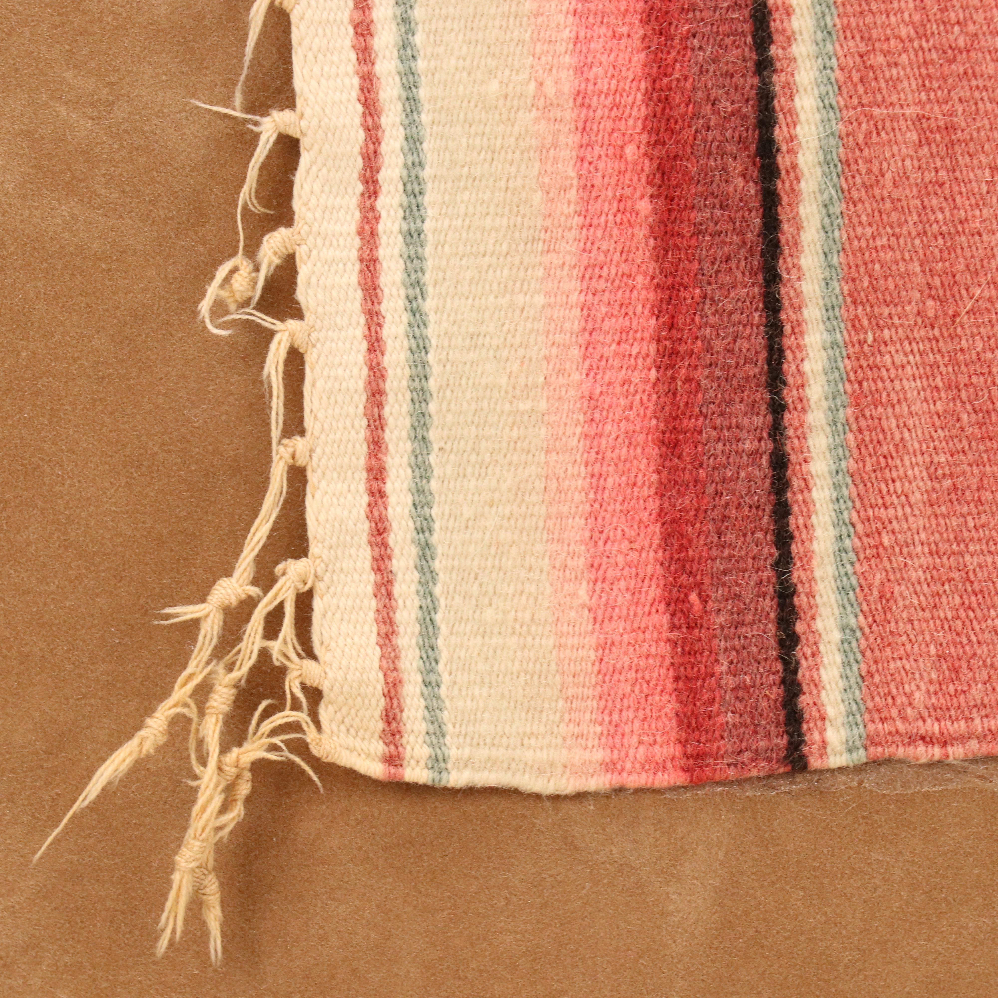 Handwoven Mexican Saltillo Serape with Red and Blue Stripes in Frame