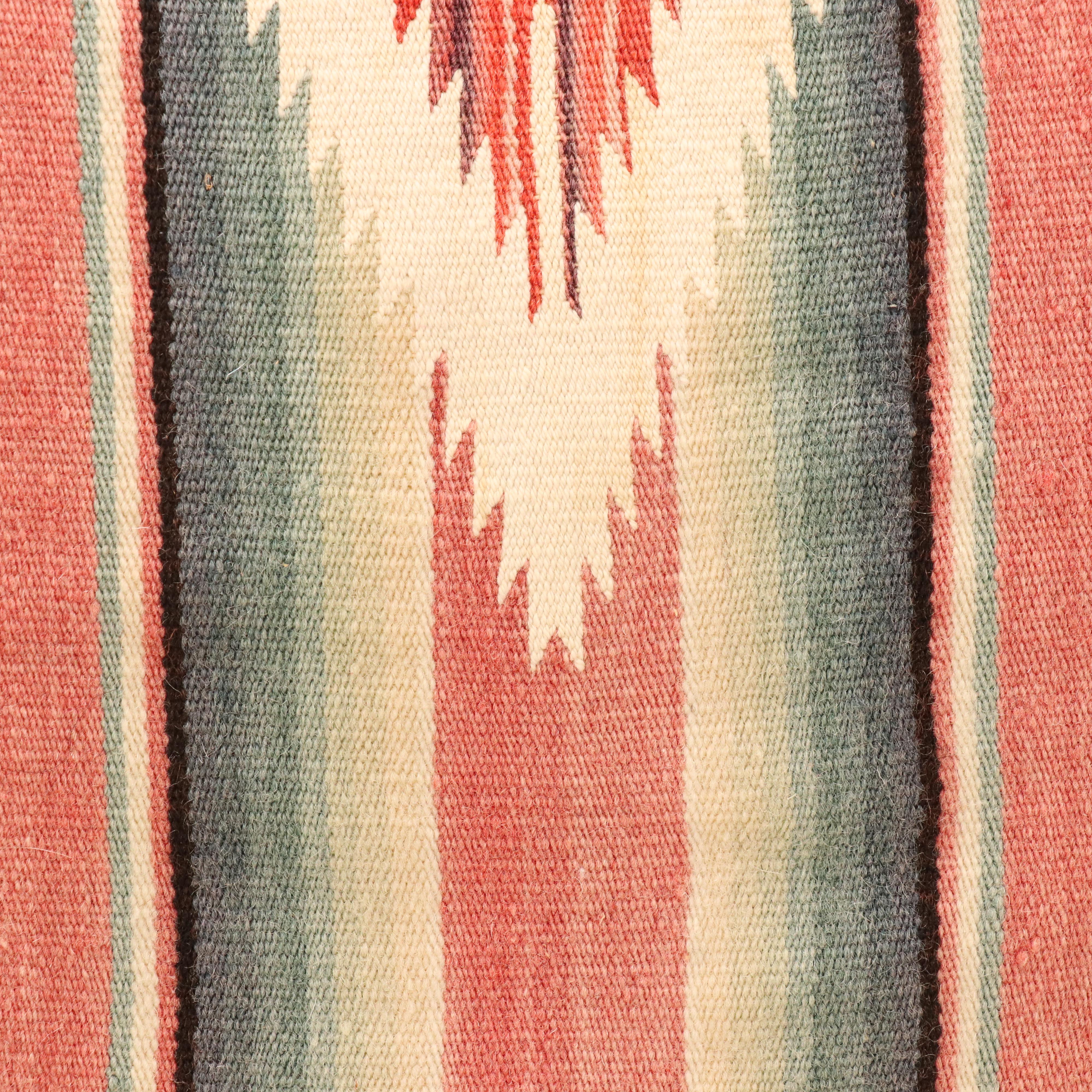 Handwoven Mexican Saltillo Serape with Red and Blue Stripes in Frame