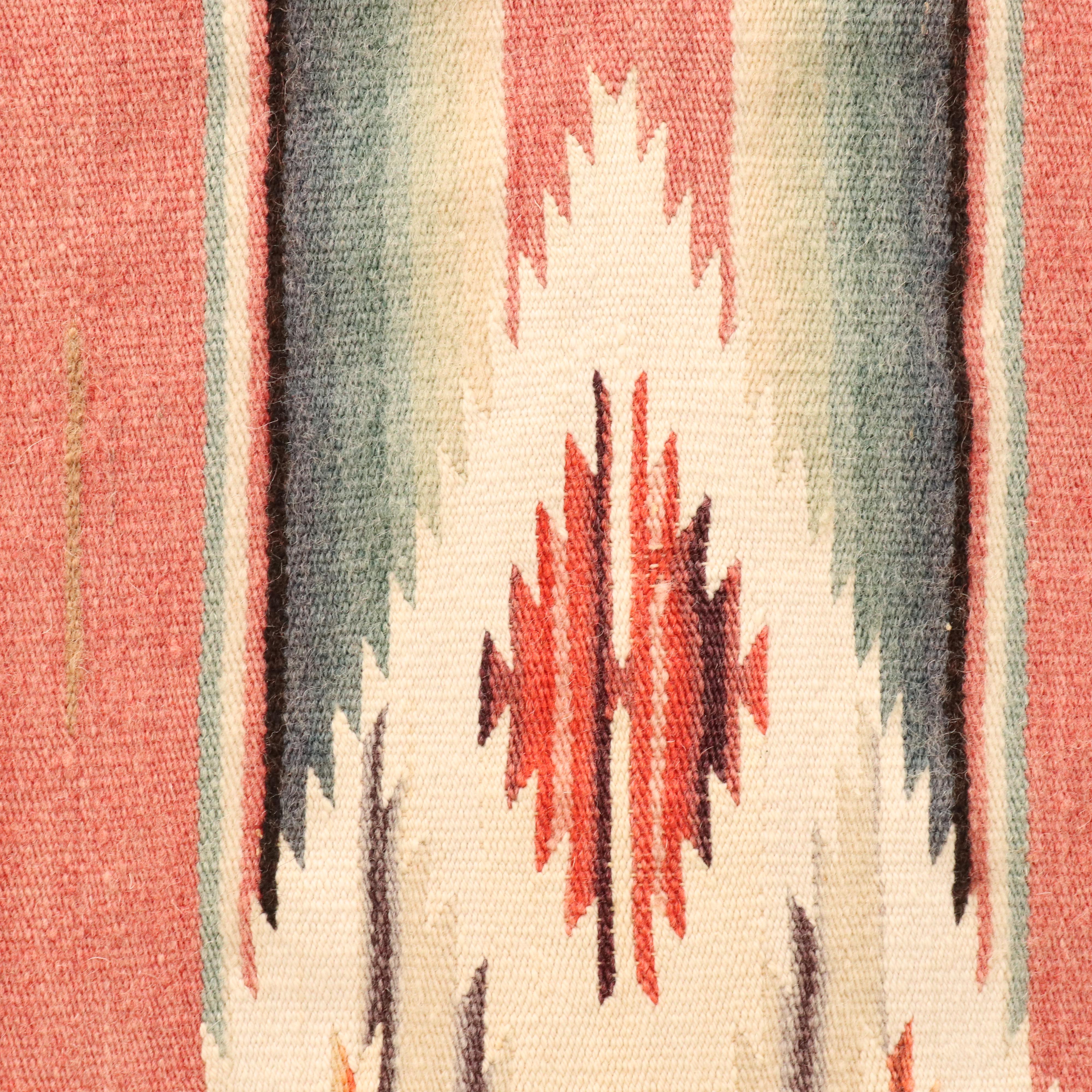 Handwoven Mexican Saltillo Serape with Red and Blue Stripes in Frame