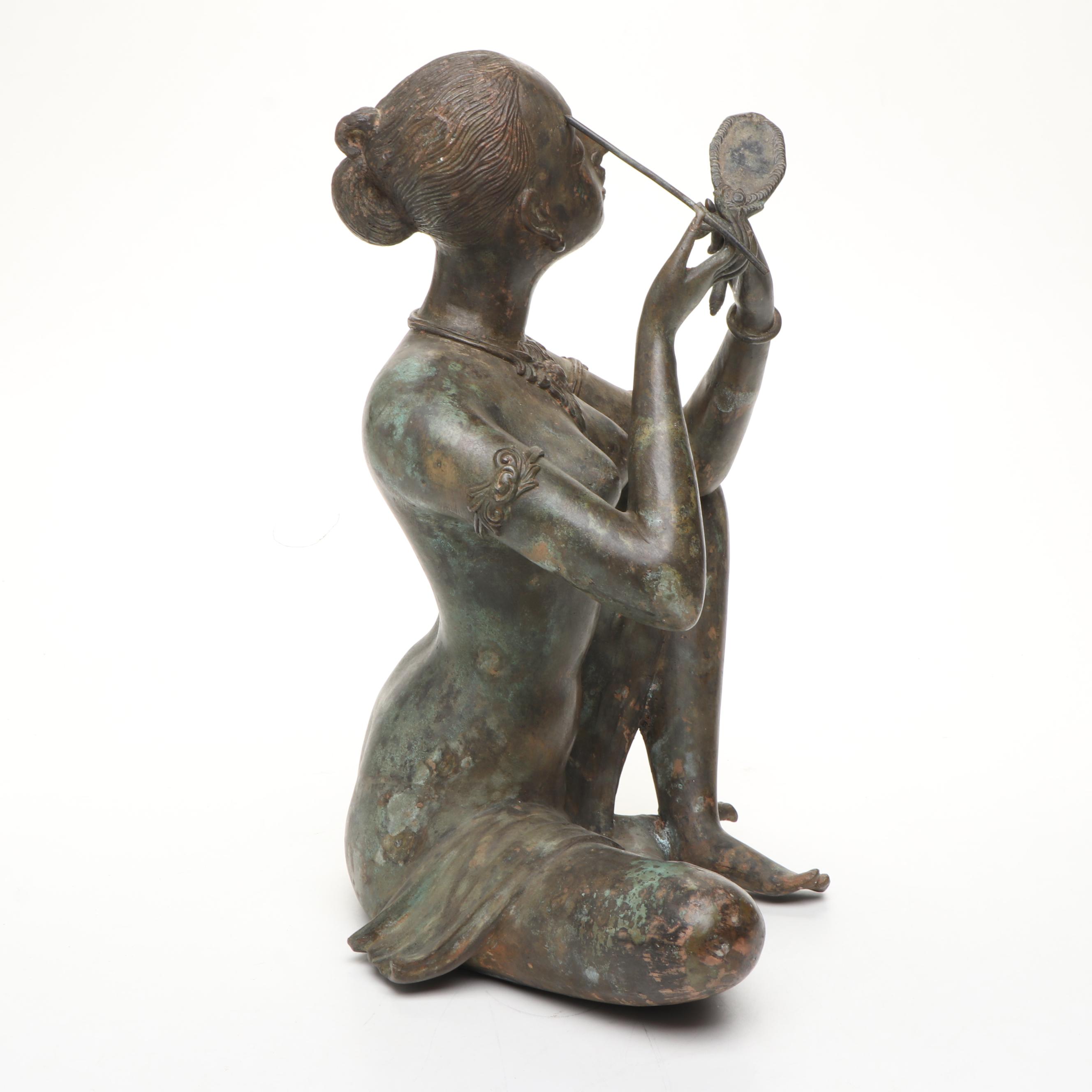 Thai Woman Doing Her Makeup Patinated Cast Bronze Sculpture