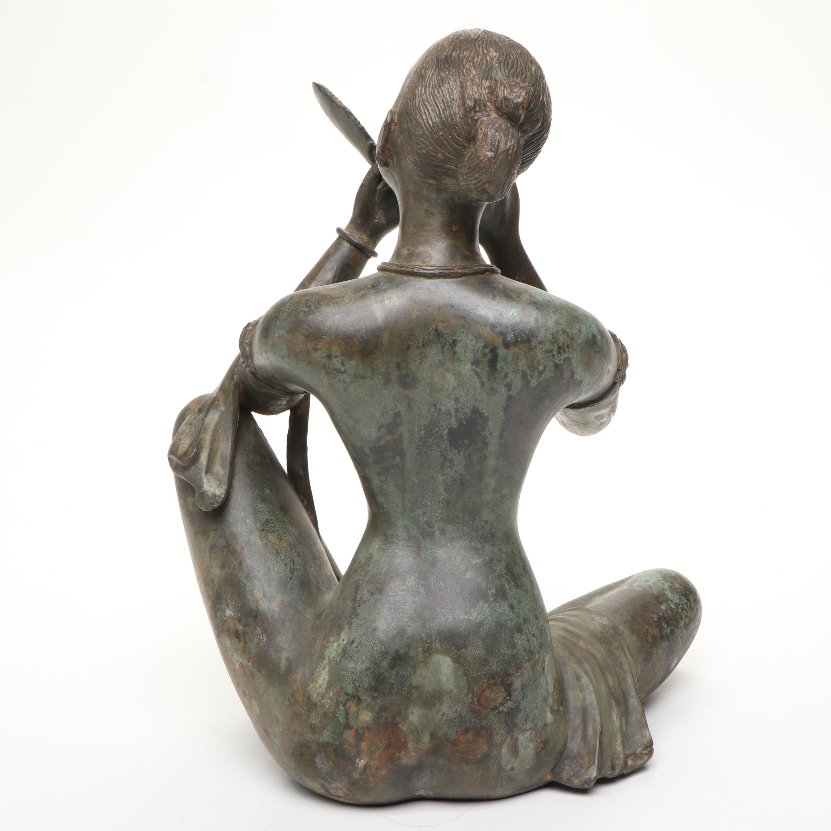 Thai Woman Doing Her Makeup Patinated Cast Bronze Sculpture