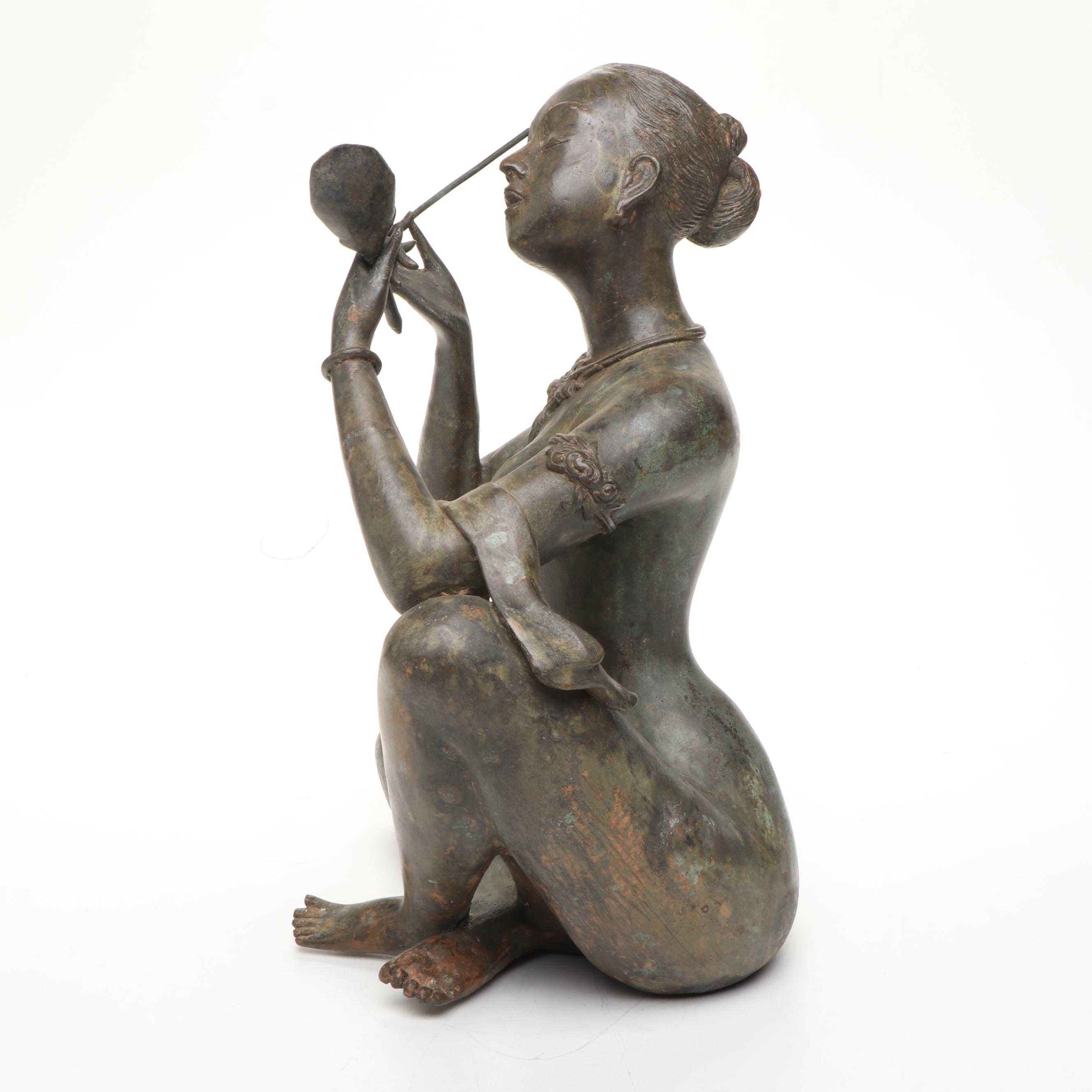 Thai Woman Doing Her Makeup Patinated Cast Bronze Sculpture