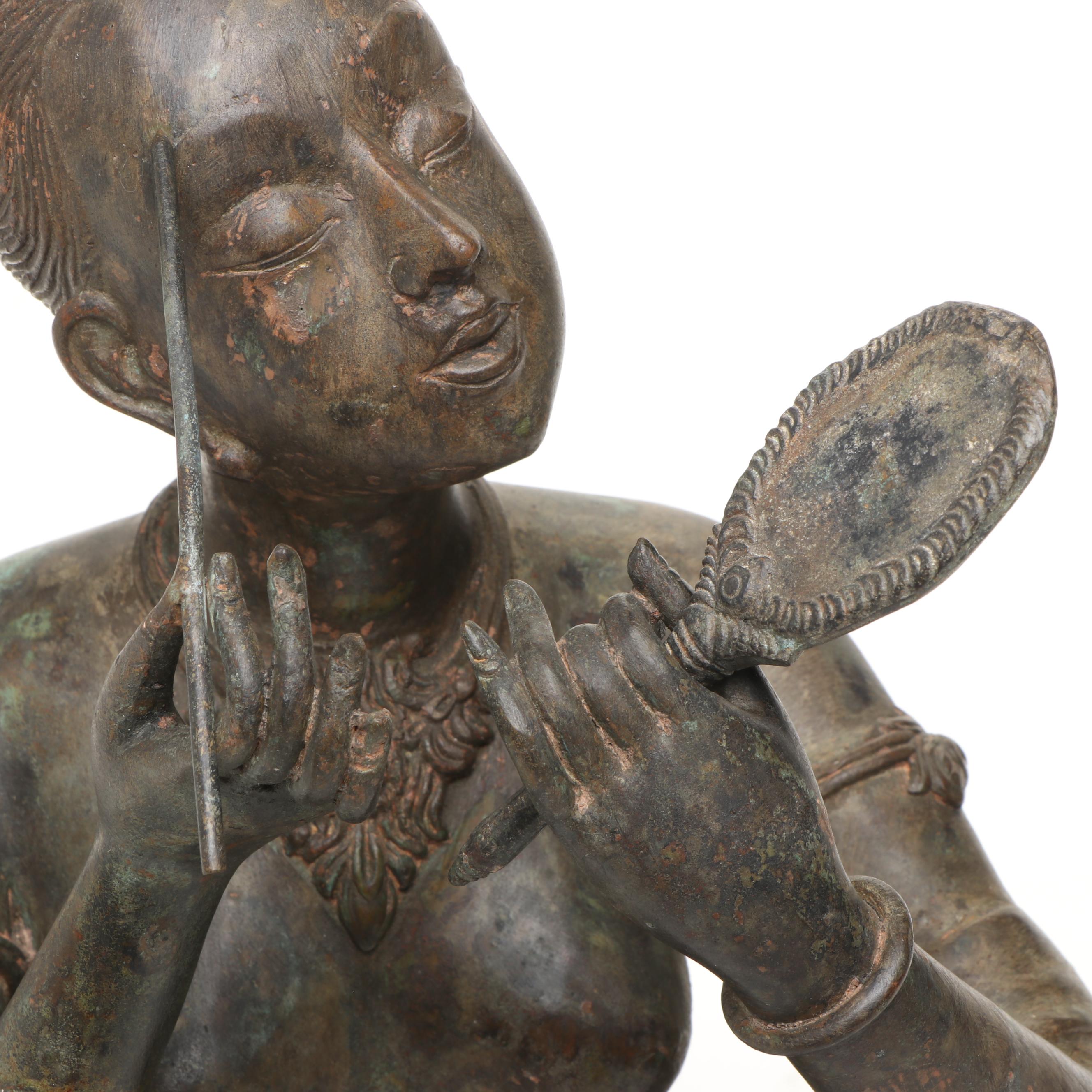 Thai Woman Doing Her Makeup Patinated Cast Bronze Sculpture