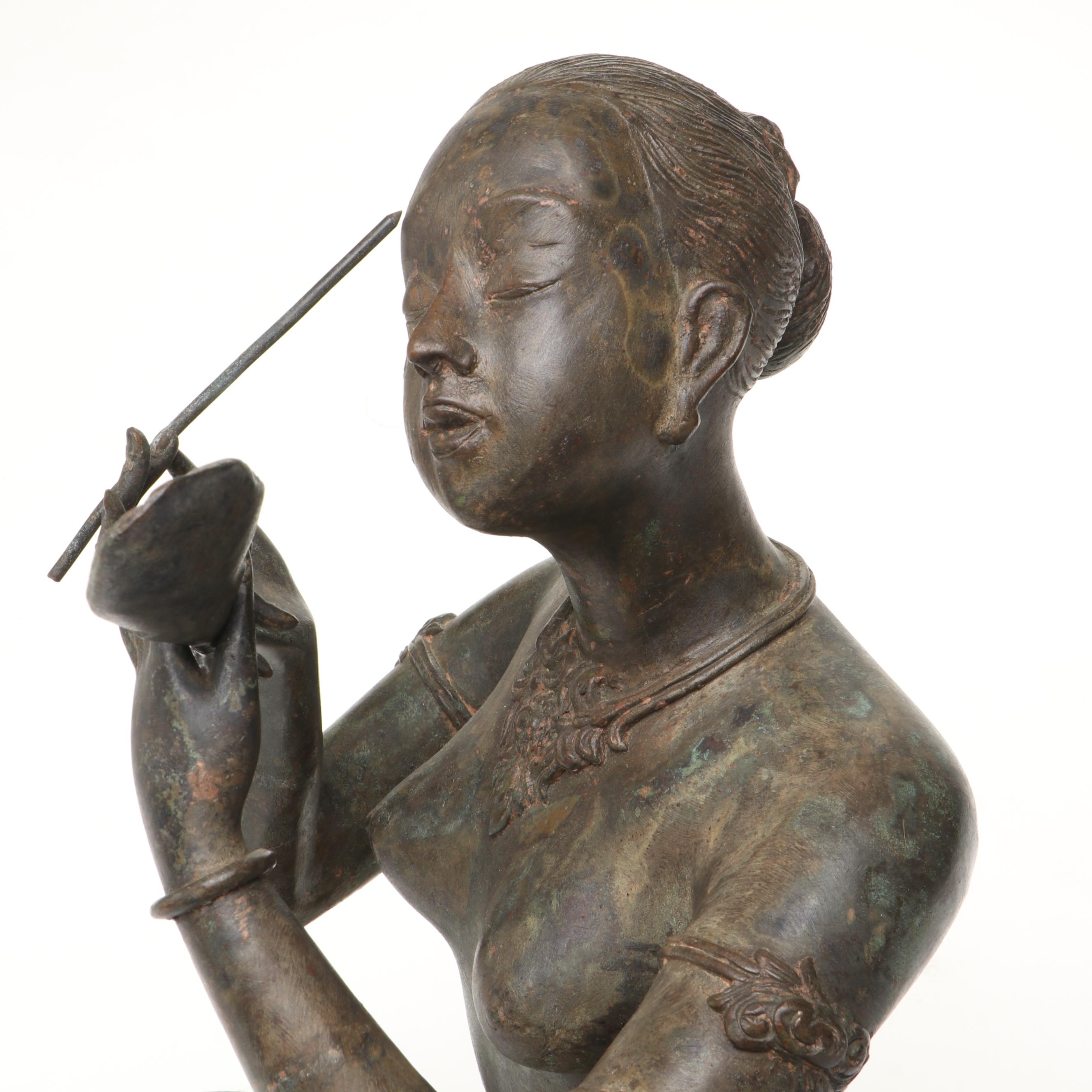 Thai Woman Doing Her Makeup Patinated Cast Bronze Sculpture