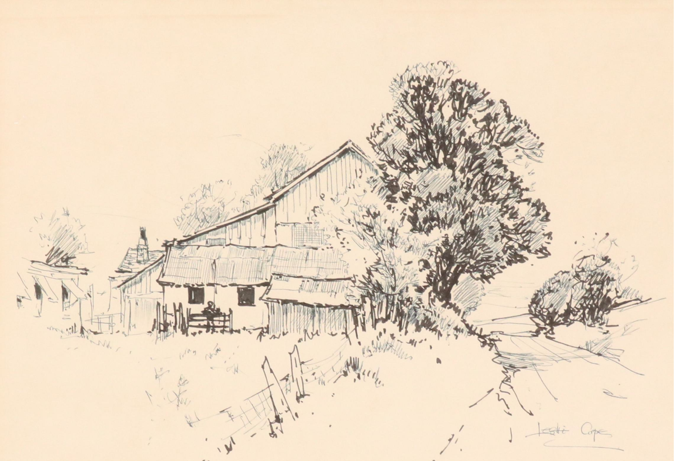 Leslie Cope Pen and Ink Drawing of American Farmhouse, Late 20th Century