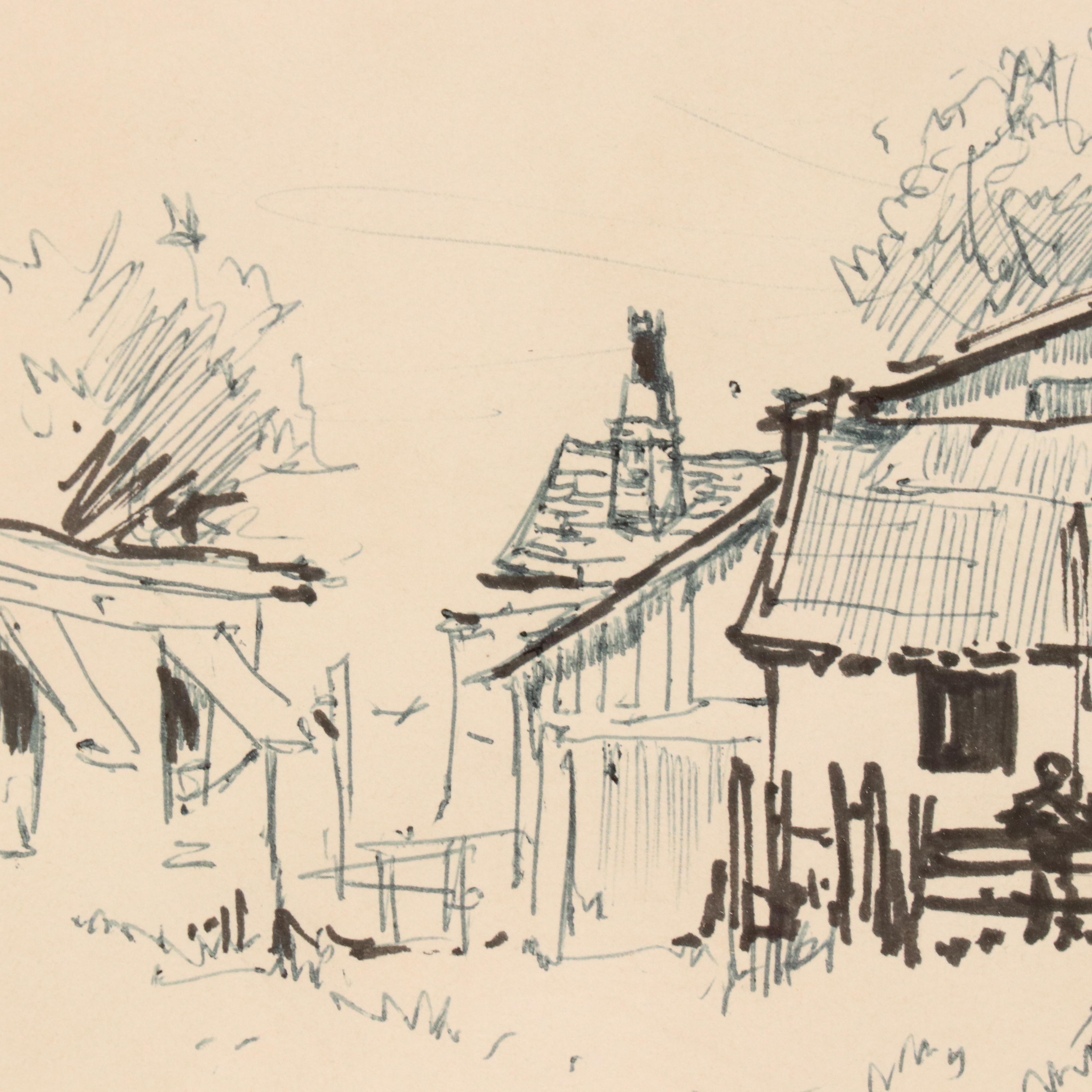 Leslie Cope Pen and Ink Drawing of American Farmhouse, Late 20th Century