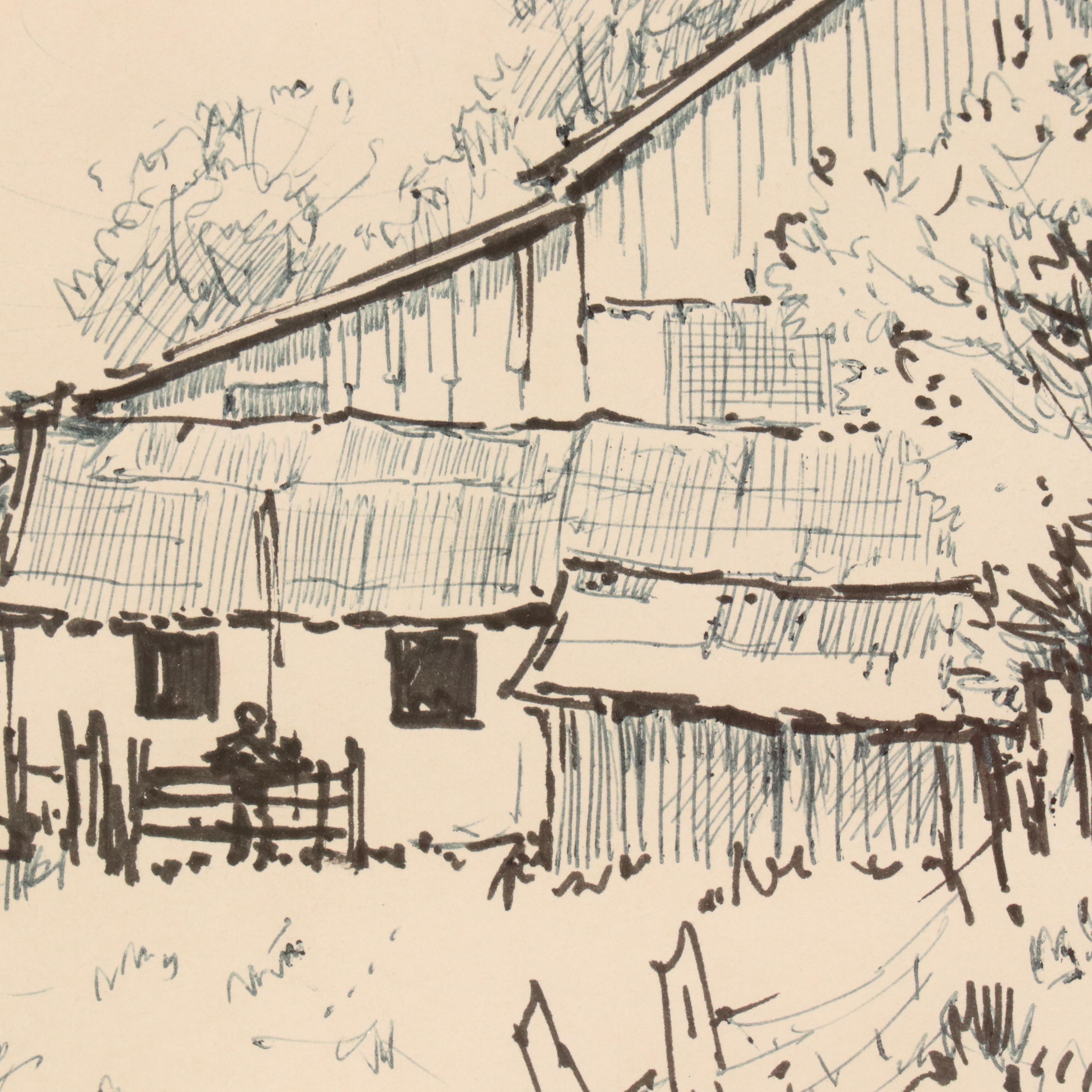Leslie Cope Pen and Ink Drawing of American Farmhouse, Late 20th Century