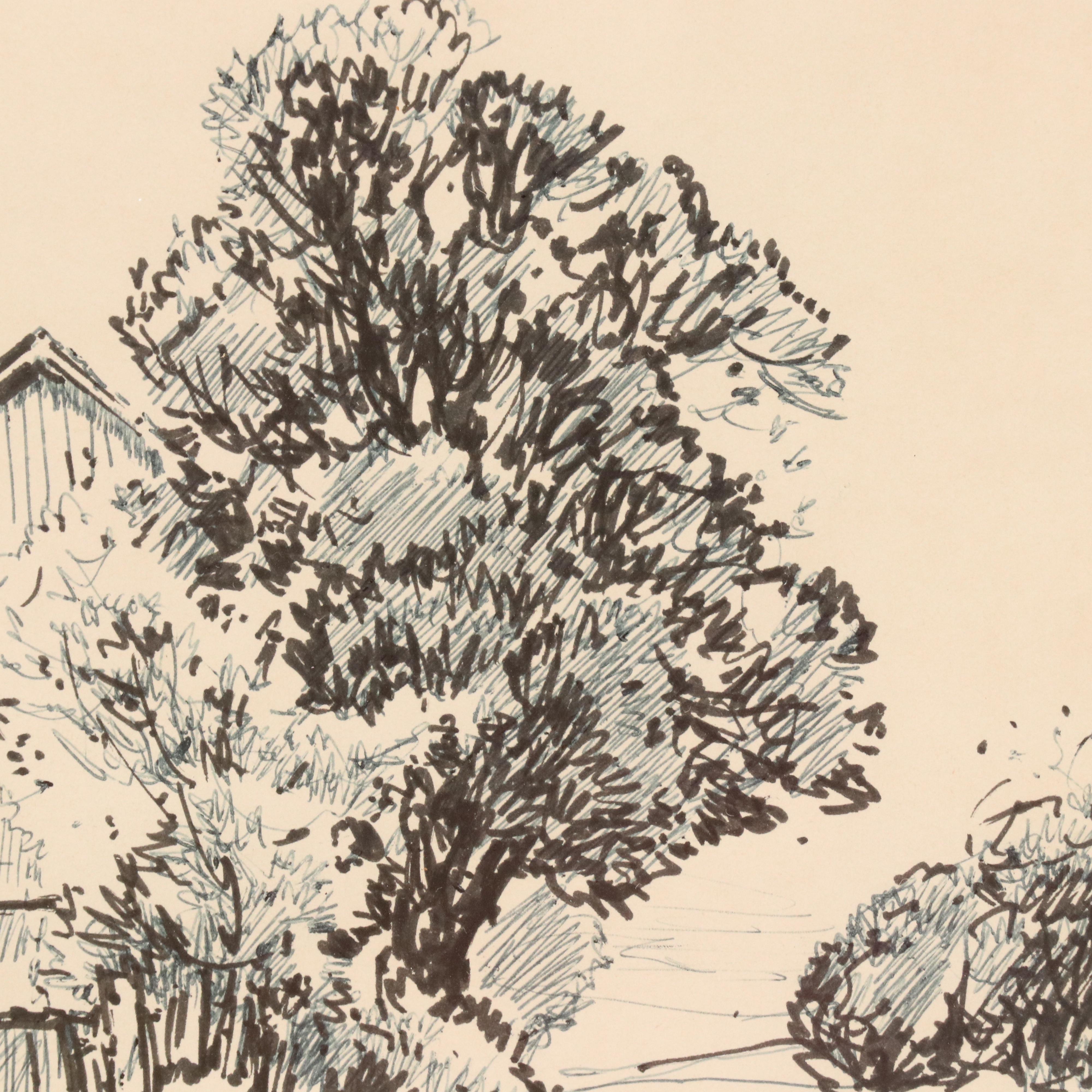 Leslie Cope Pen and Ink Drawing of American Farmhouse, Late 20th Century