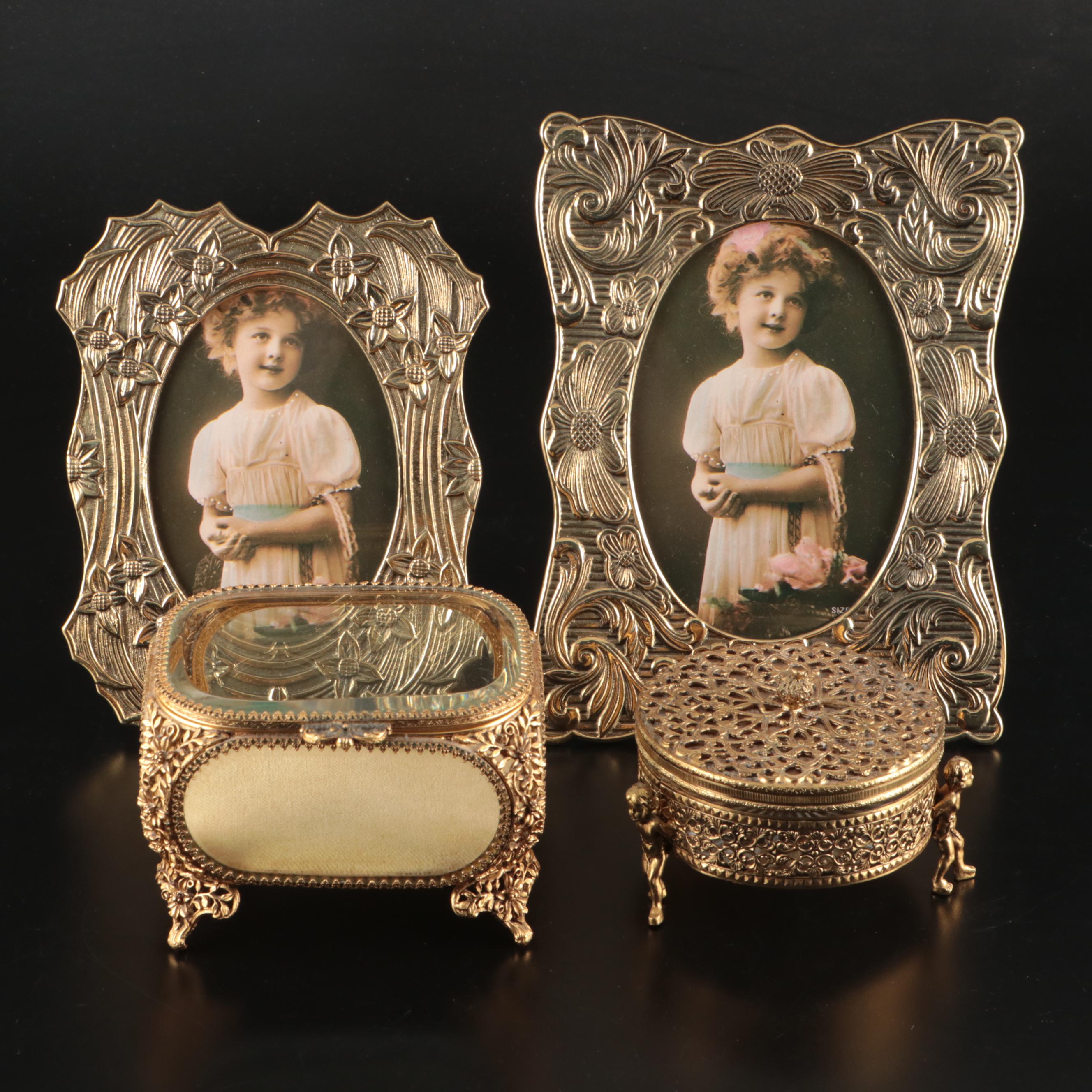 Matson Ormolu Jewelry Casket with Brass Picture Frames and Other Vanity Décor