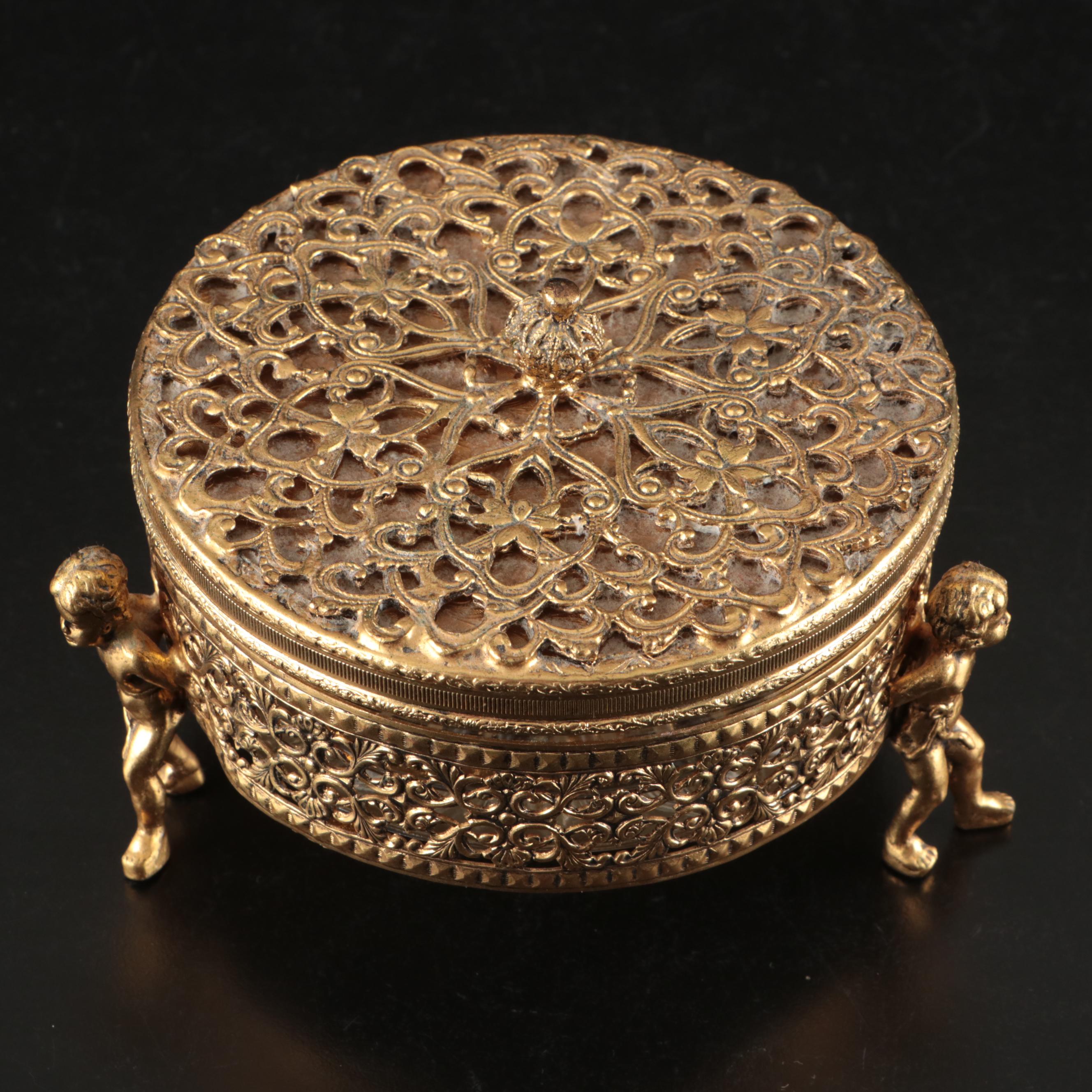 Matson Ormolu Jewelry Casket with Brass Picture Frames and Other Vanity Décor