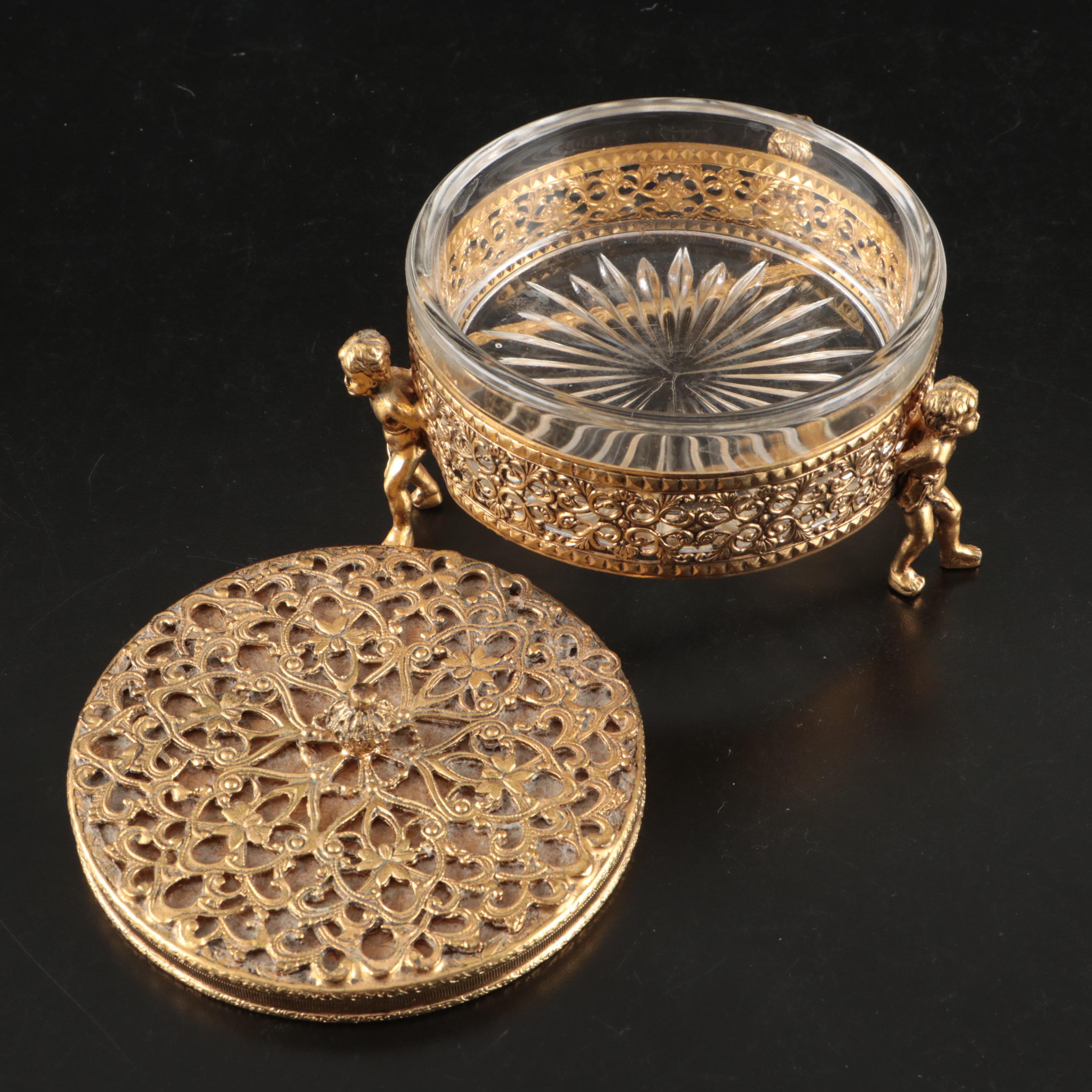 Matson Ormolu Jewelry Casket with Brass Picture Frames and Other Vanity Décor