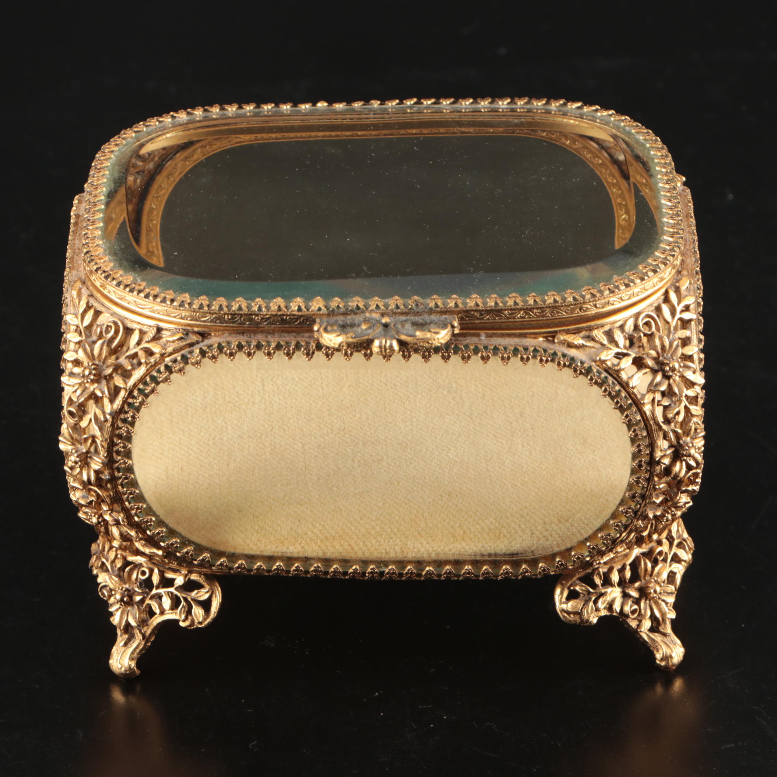 Matson Ormolu Jewelry Casket with Brass Picture Frames and Other Vanity Décor