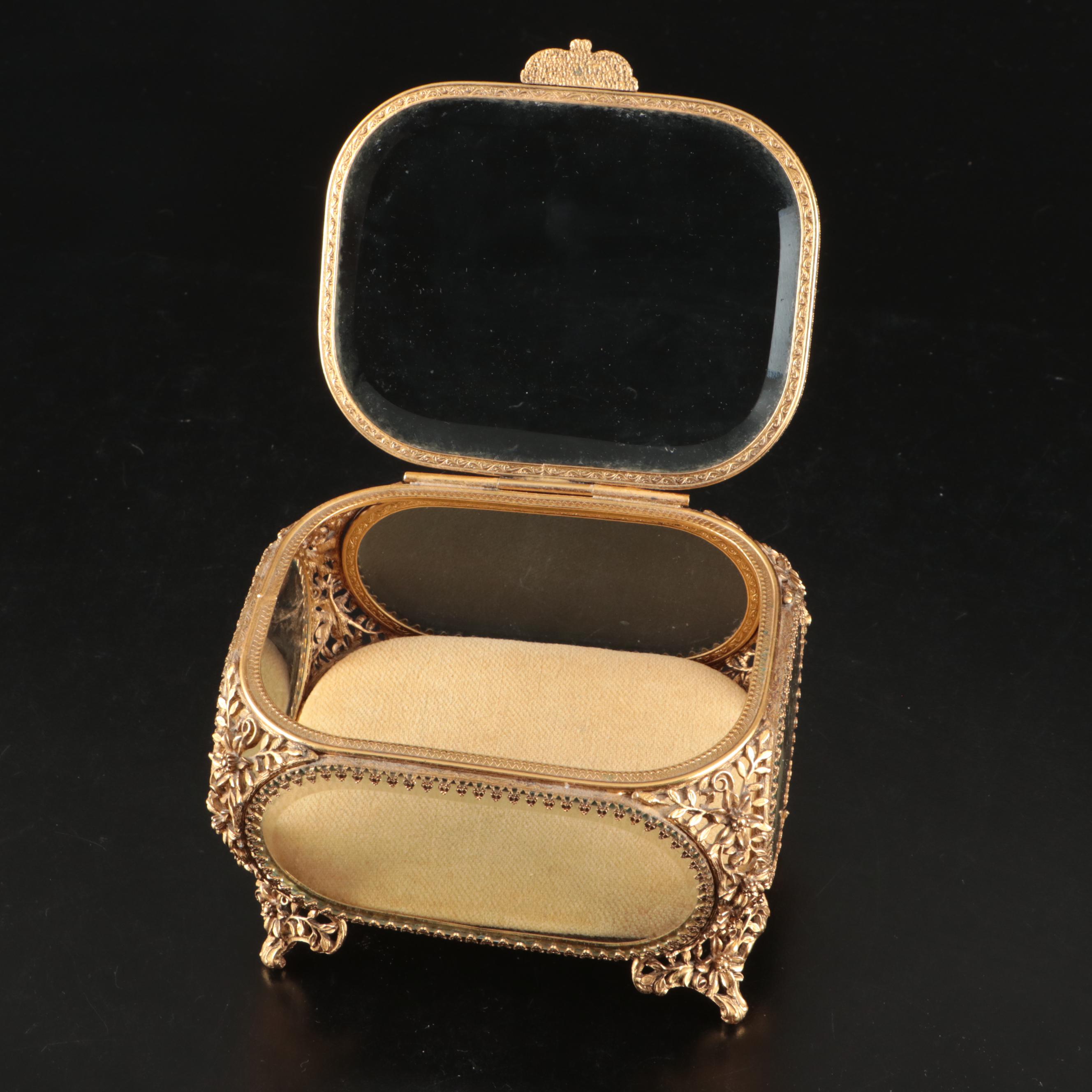 Matson Ormolu Jewelry Casket with Brass Picture Frames and Other Vanity Décor