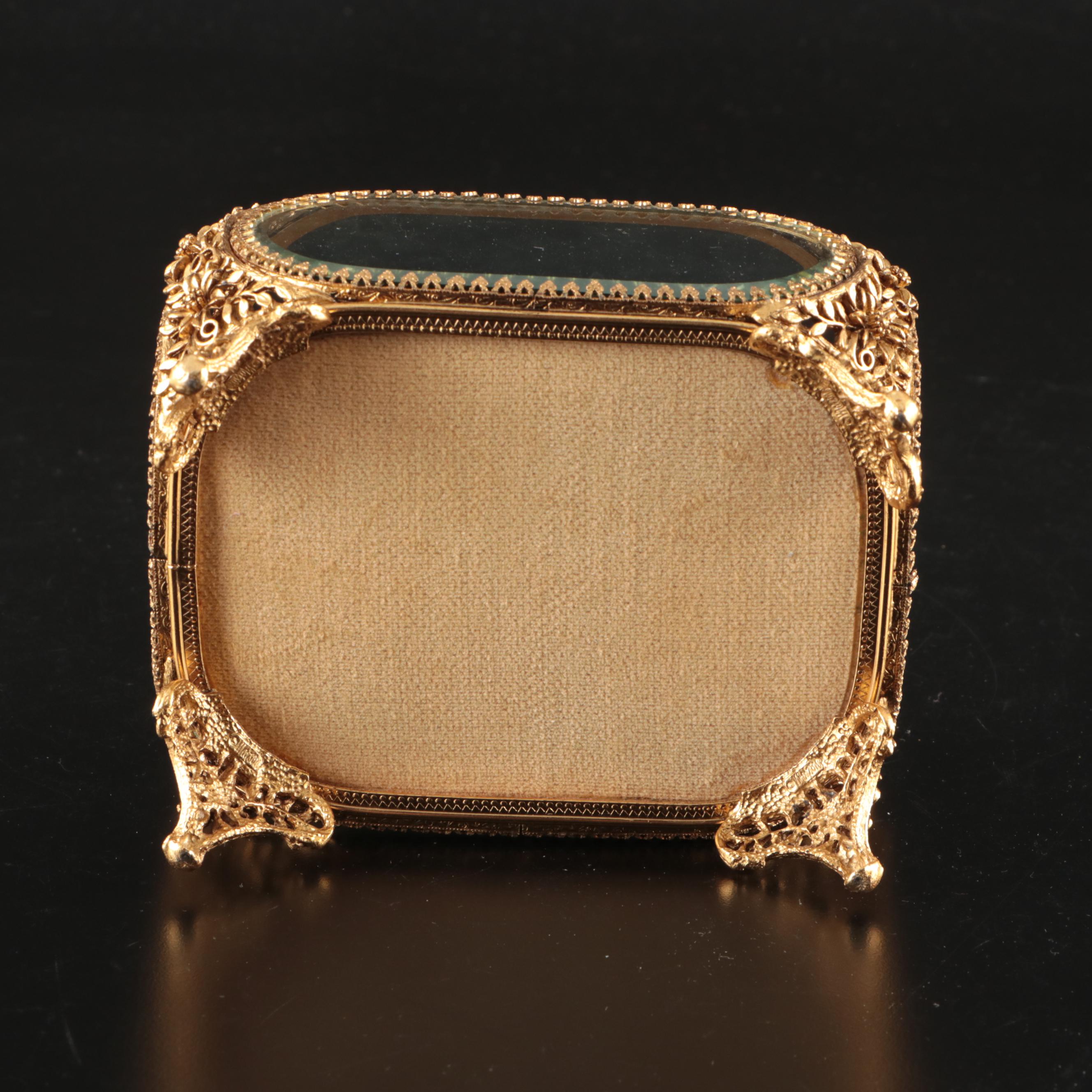 Matson Ormolu Jewelry Casket with Brass Picture Frames and Other Vanity Décor