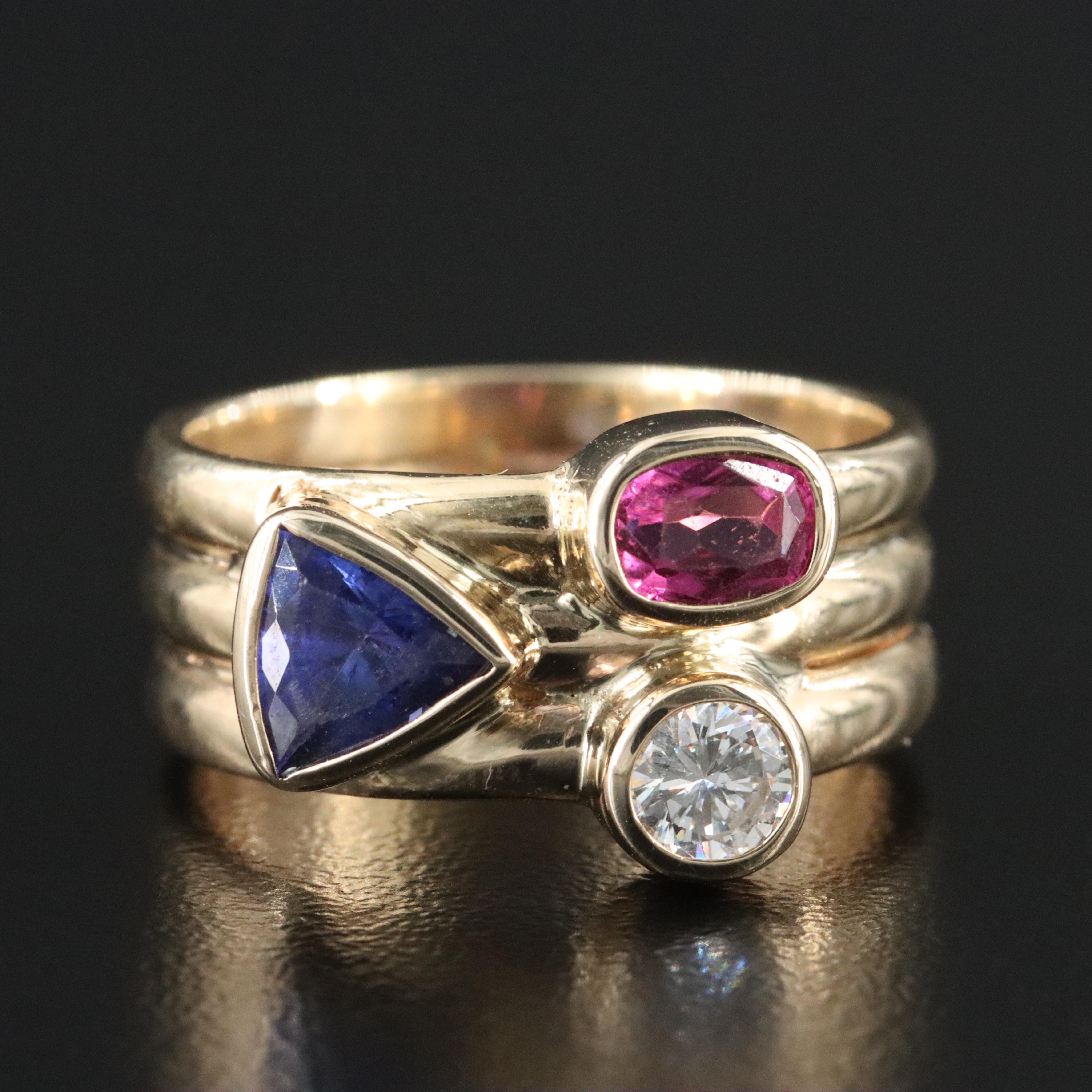 14K Tanzanite, Tourmaline, and Diamond Ring