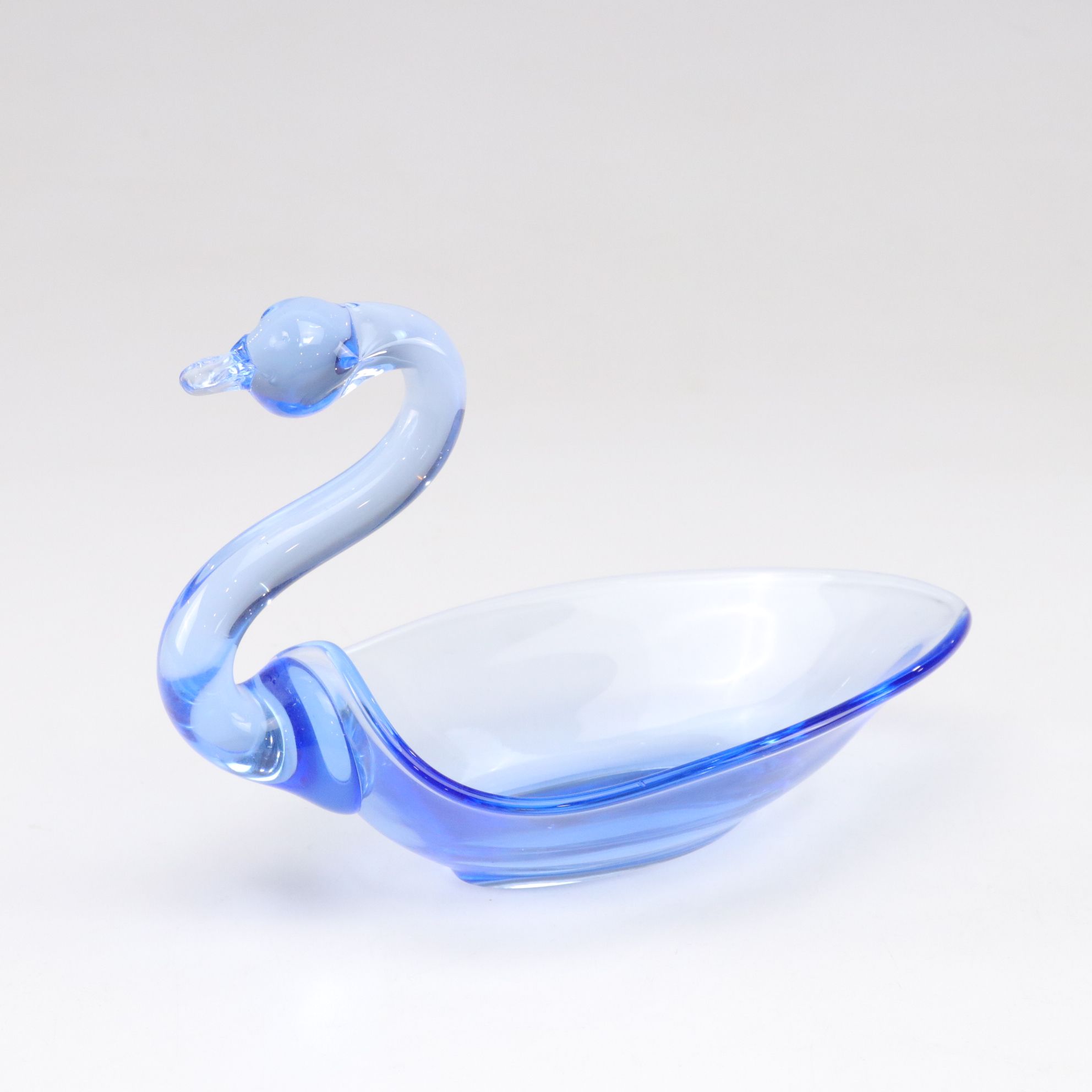 Tiffin Blue Glass Swan Bowl with a Pair of Glass Candlesticks