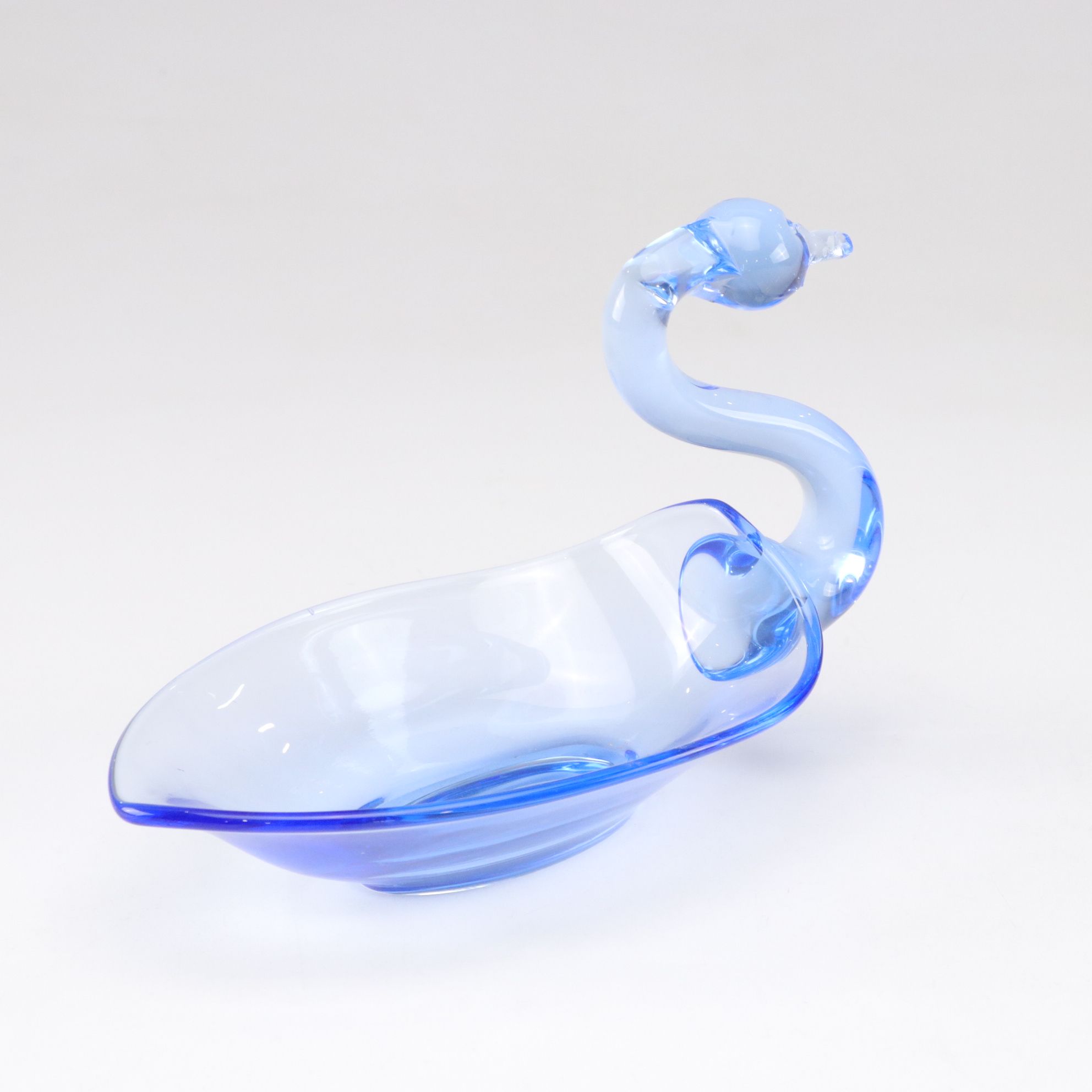 Tiffin Blue Glass Swan Bowl with a Pair of Glass Candlesticks