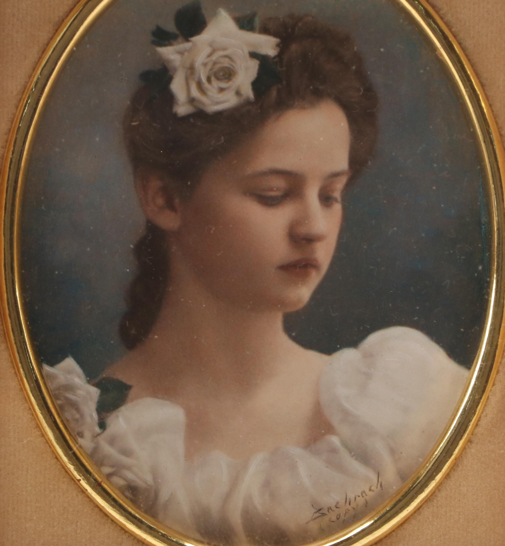 Hand-Painted Photograph of Young Lady in Velvet-Lined Frame After Bachrach