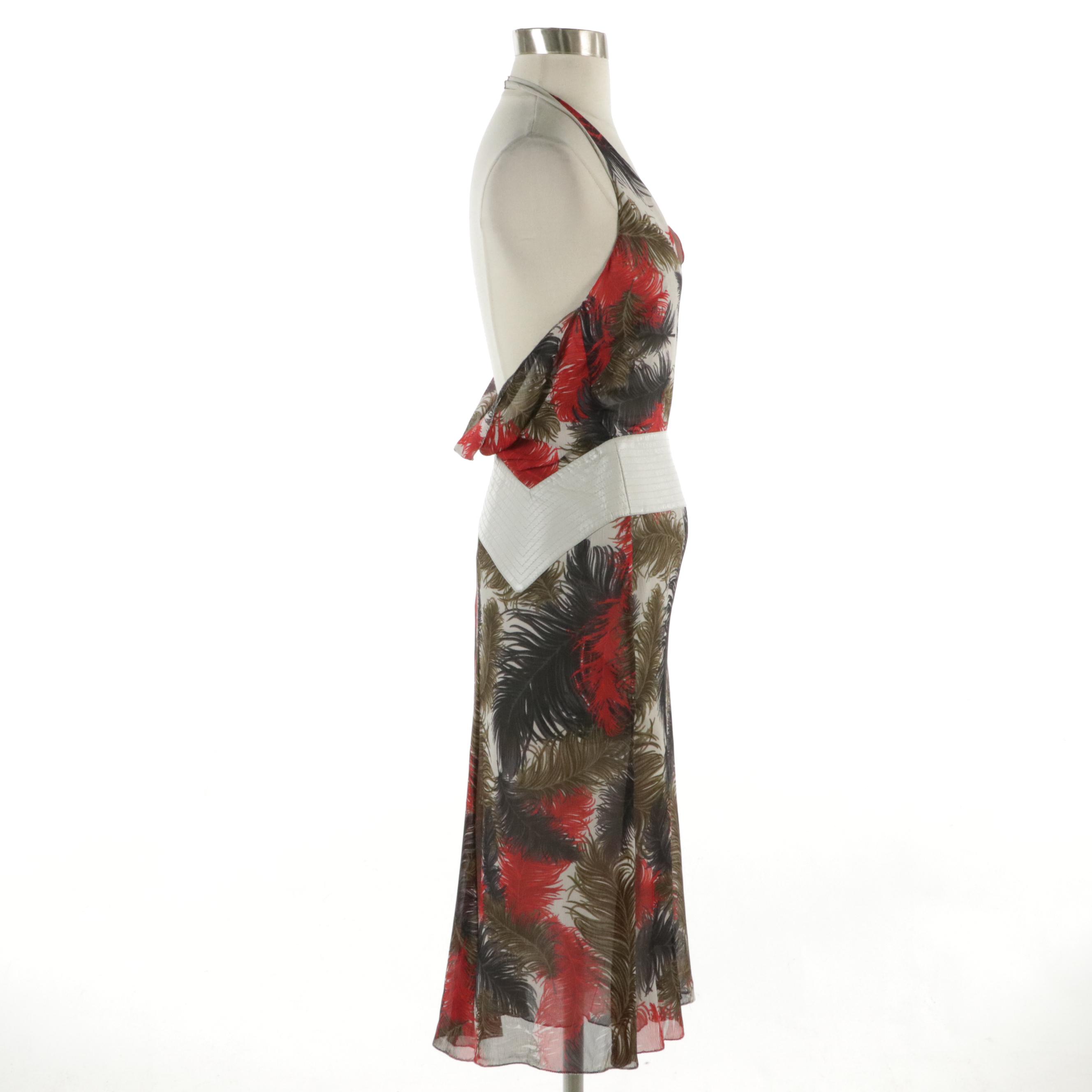 Gianni Versace Couture Ostrich Feather Print Silk Blend and Leather Halter Dress