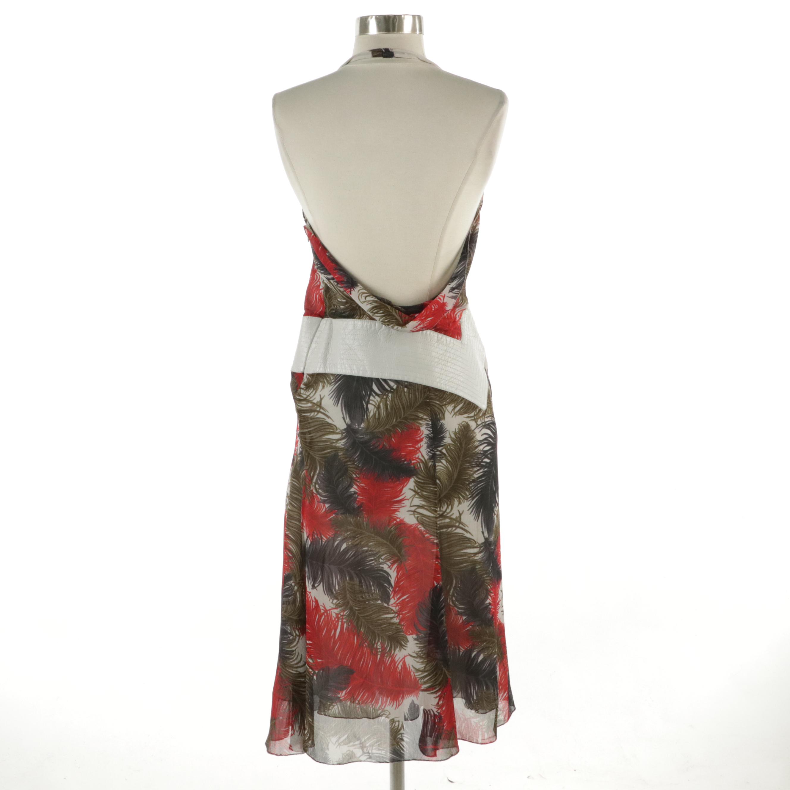 Gianni Versace Couture Ostrich Feather Print Silk Blend and Leather Halter Dress