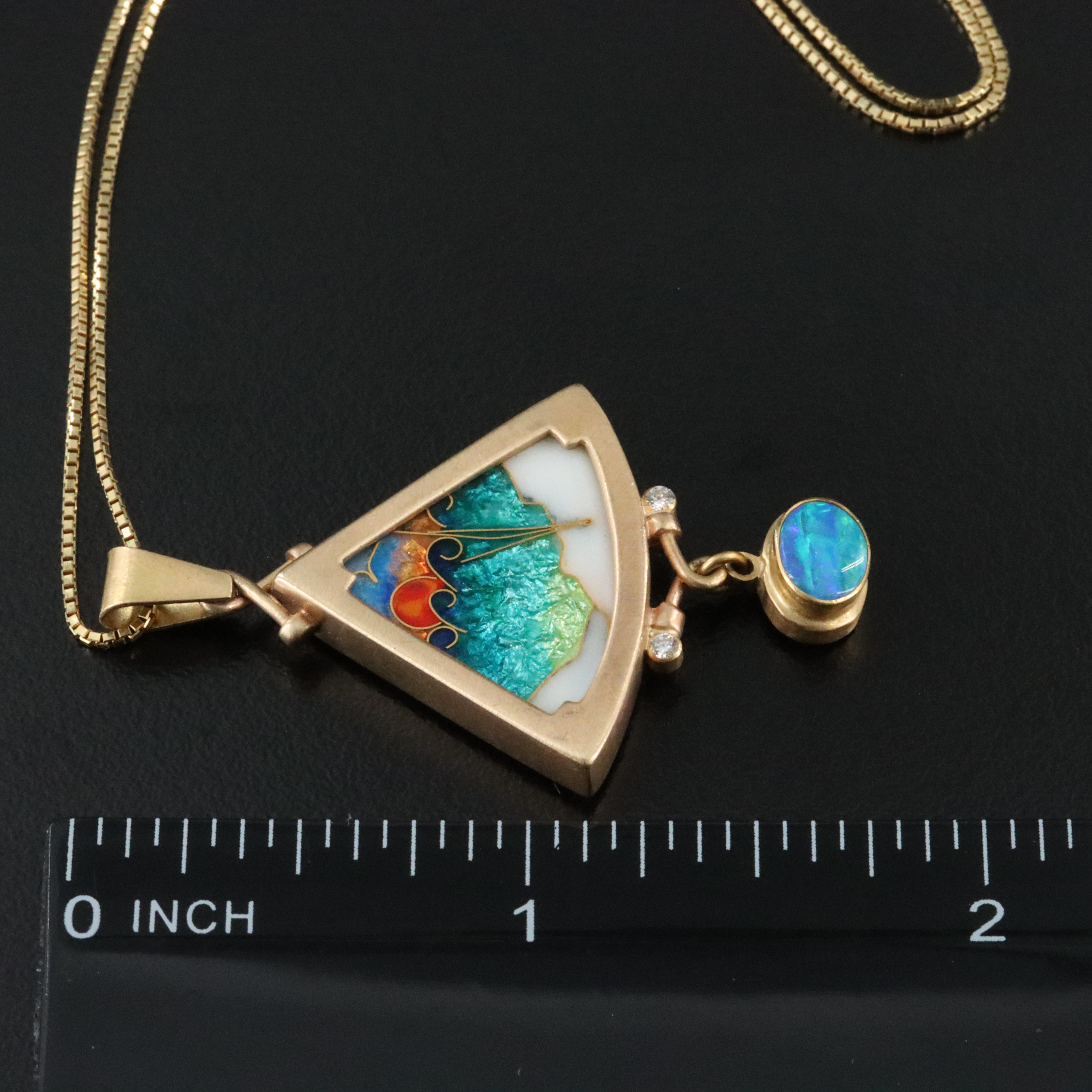 James Carter 18K Cloisonné, Opal, and Diamond Sunset Pendant with 14K Chain