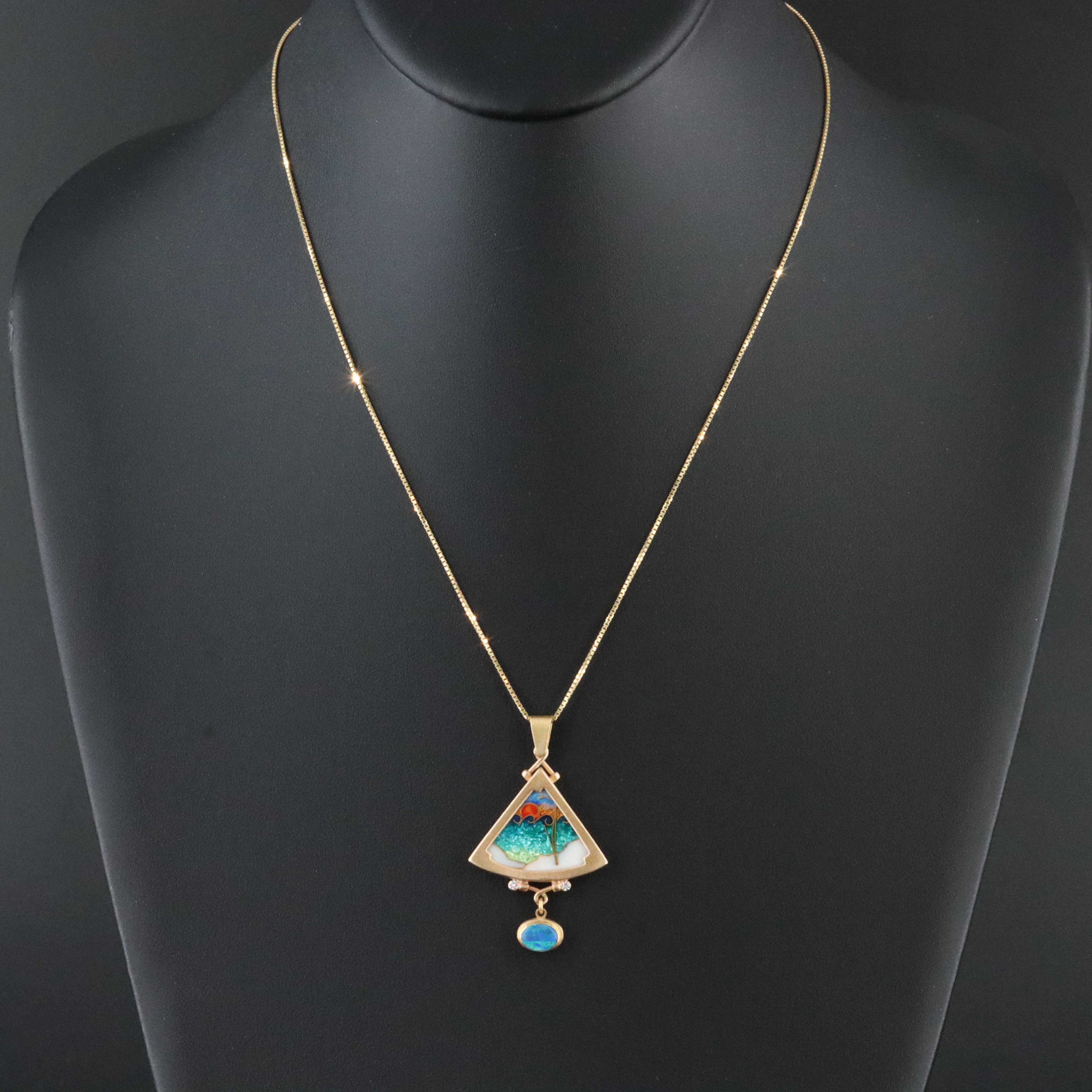 James Carter 18K Cloisonné, Opal, and Diamond Sunset Pendant with 14K Chain