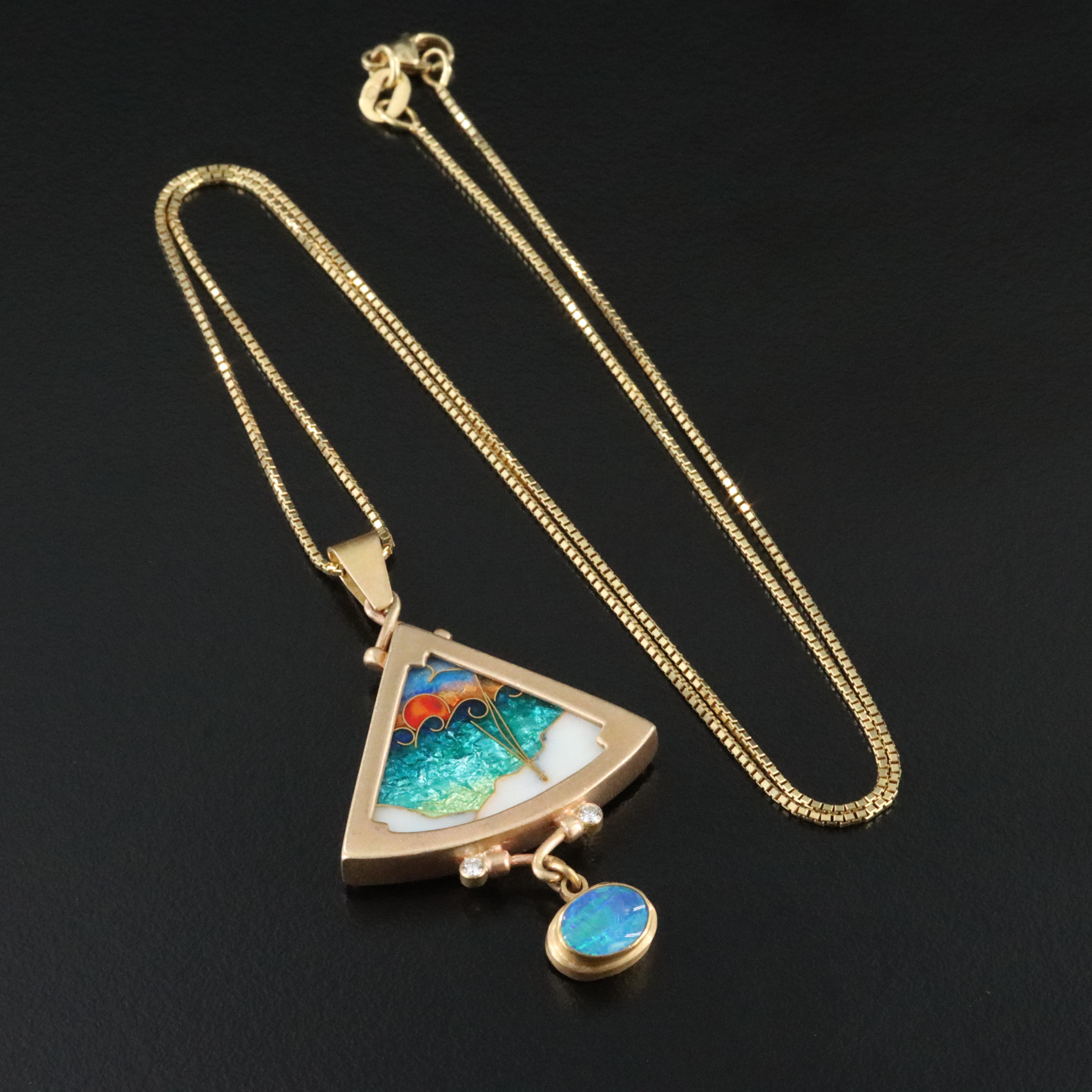 James Carter 18K Cloisonné, Opal, and Diamond Sunset Pendant with 14K Chain