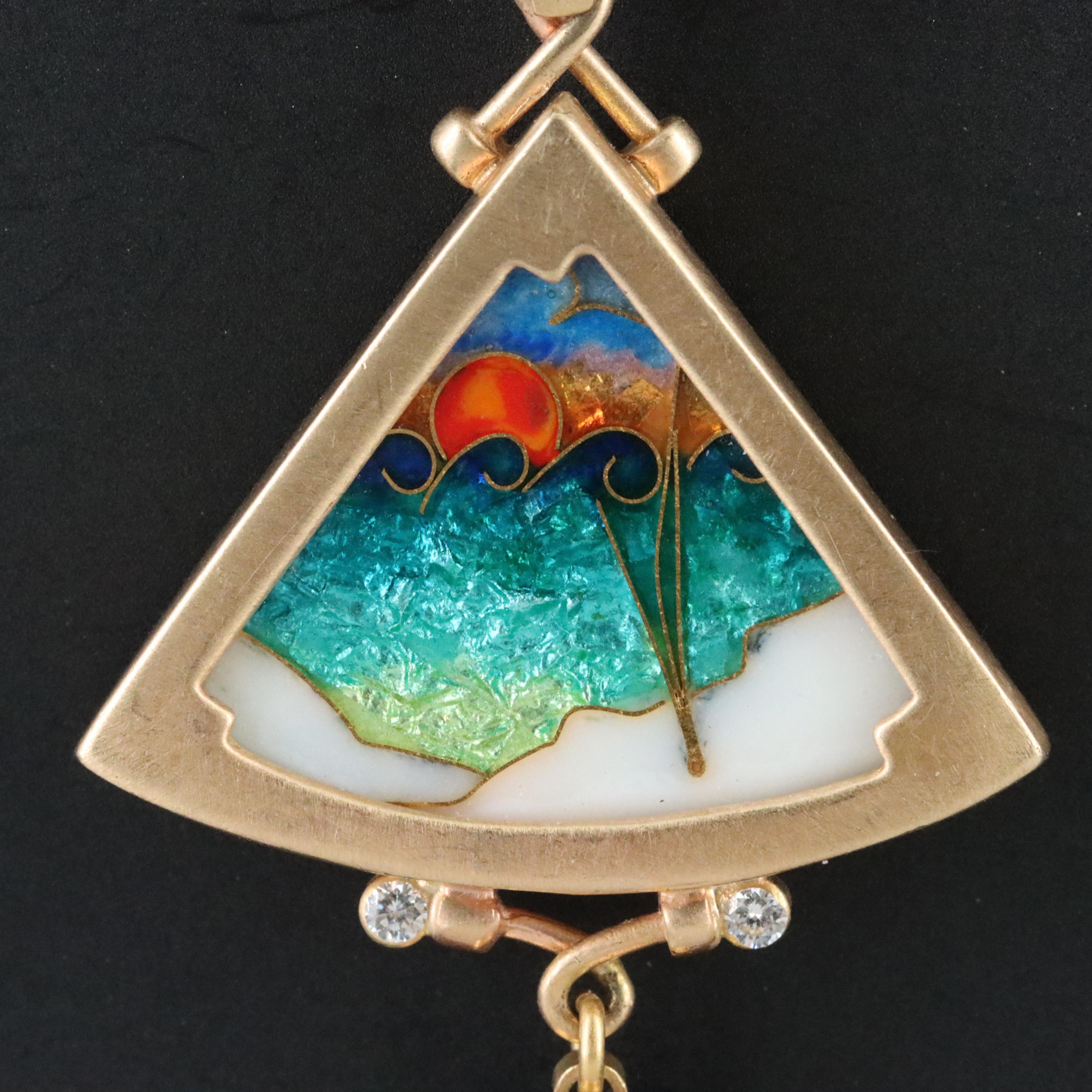 James Carter 18K Cloisonné, Opal, and Diamond Sunset Pendant with 14K Chain