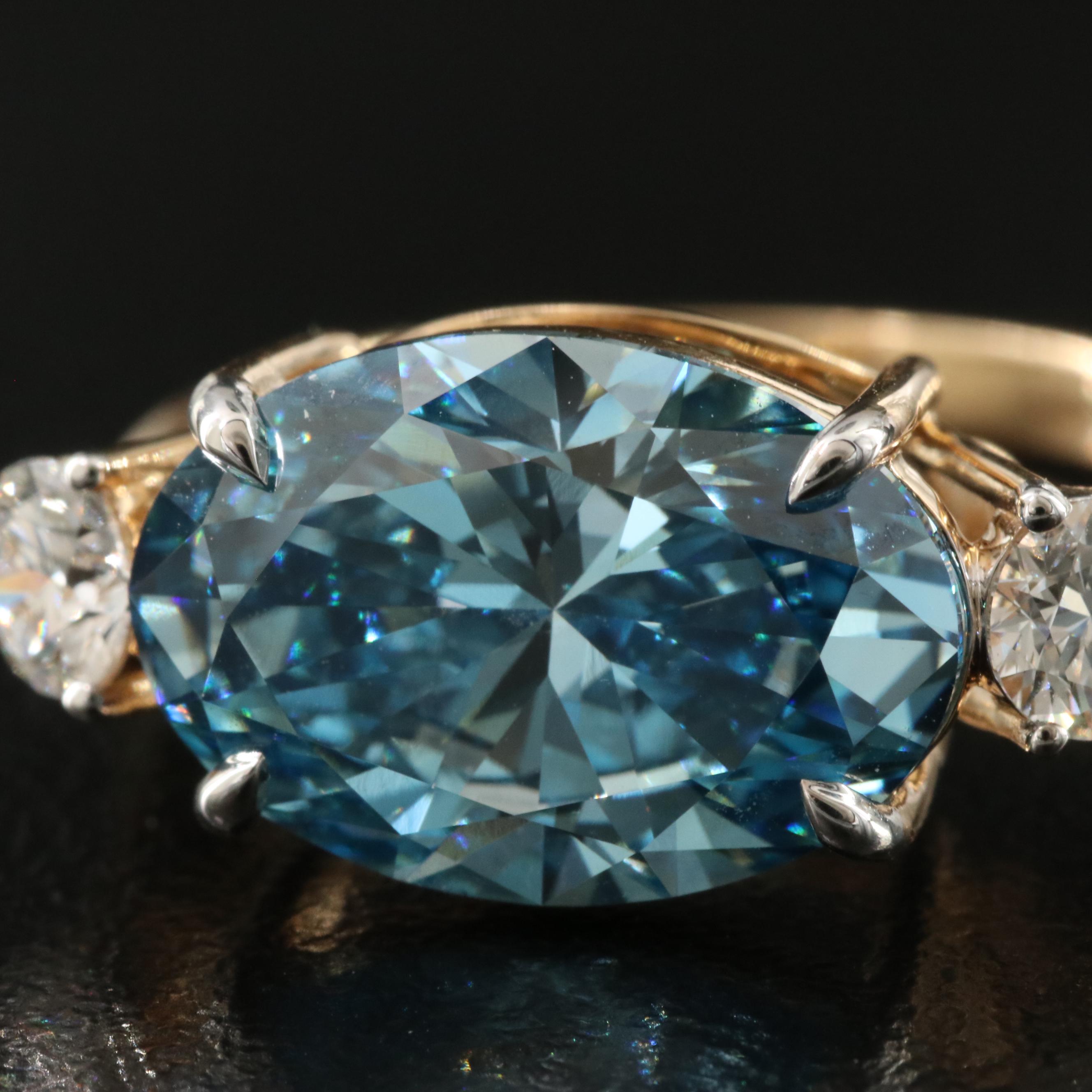 18K 5.56 CTW Lab Grown Diamond Ring with Fancy Blue Center and IGI Report