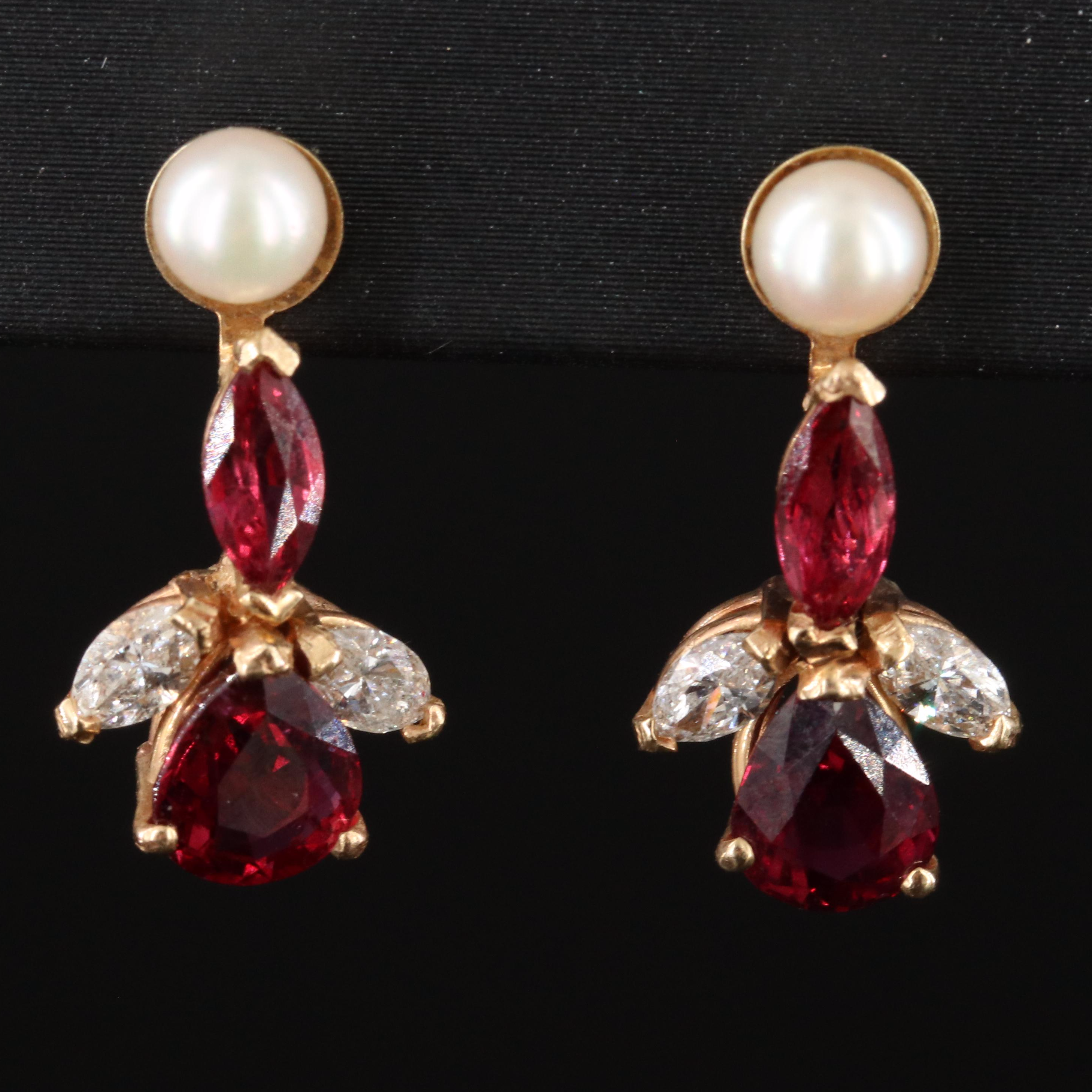 14K Pearl Stud Earrings with Ruby and Diamond Enhancers