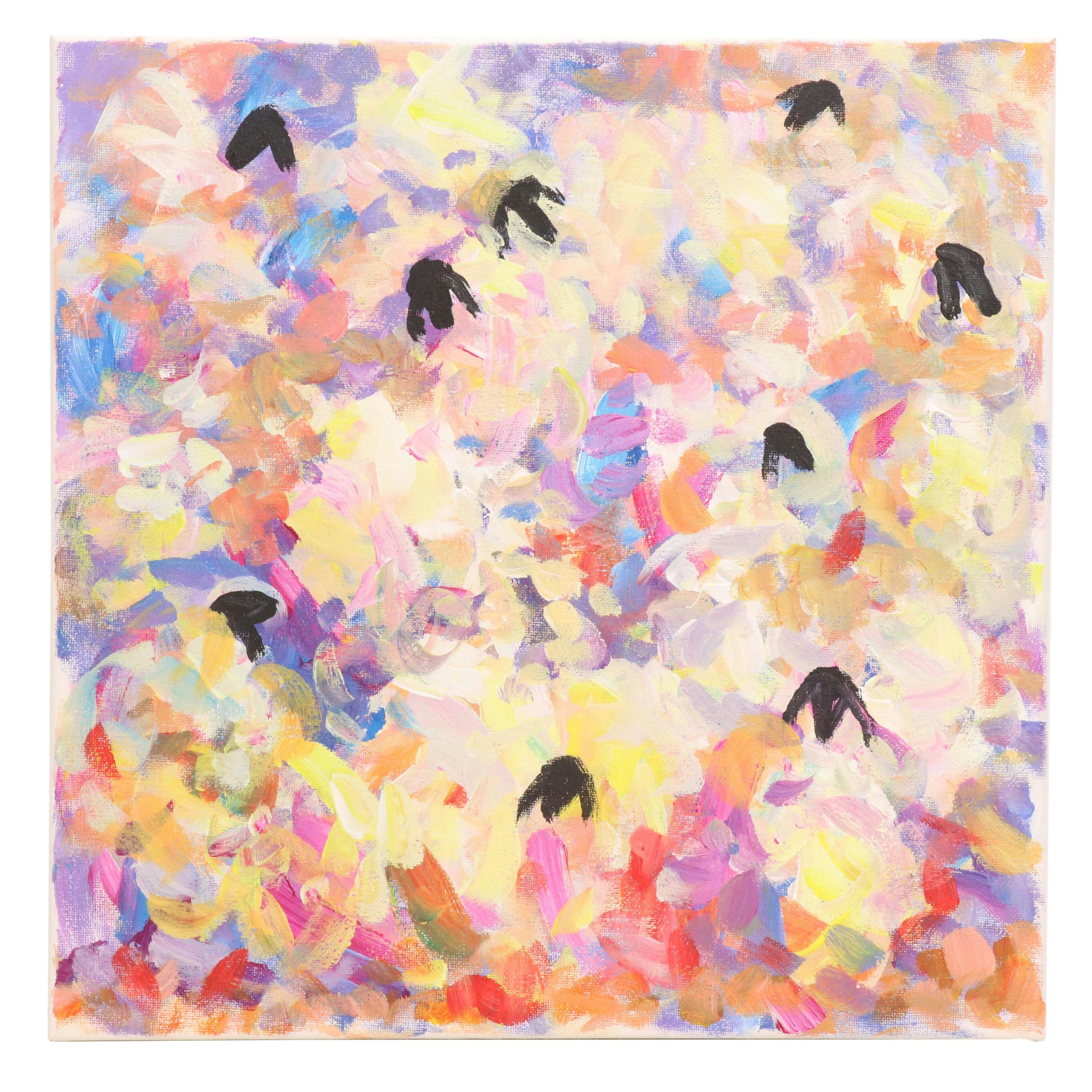 Elle Raines Stylized Acrylic Painting "Flock of Sheep #6," 21st Century