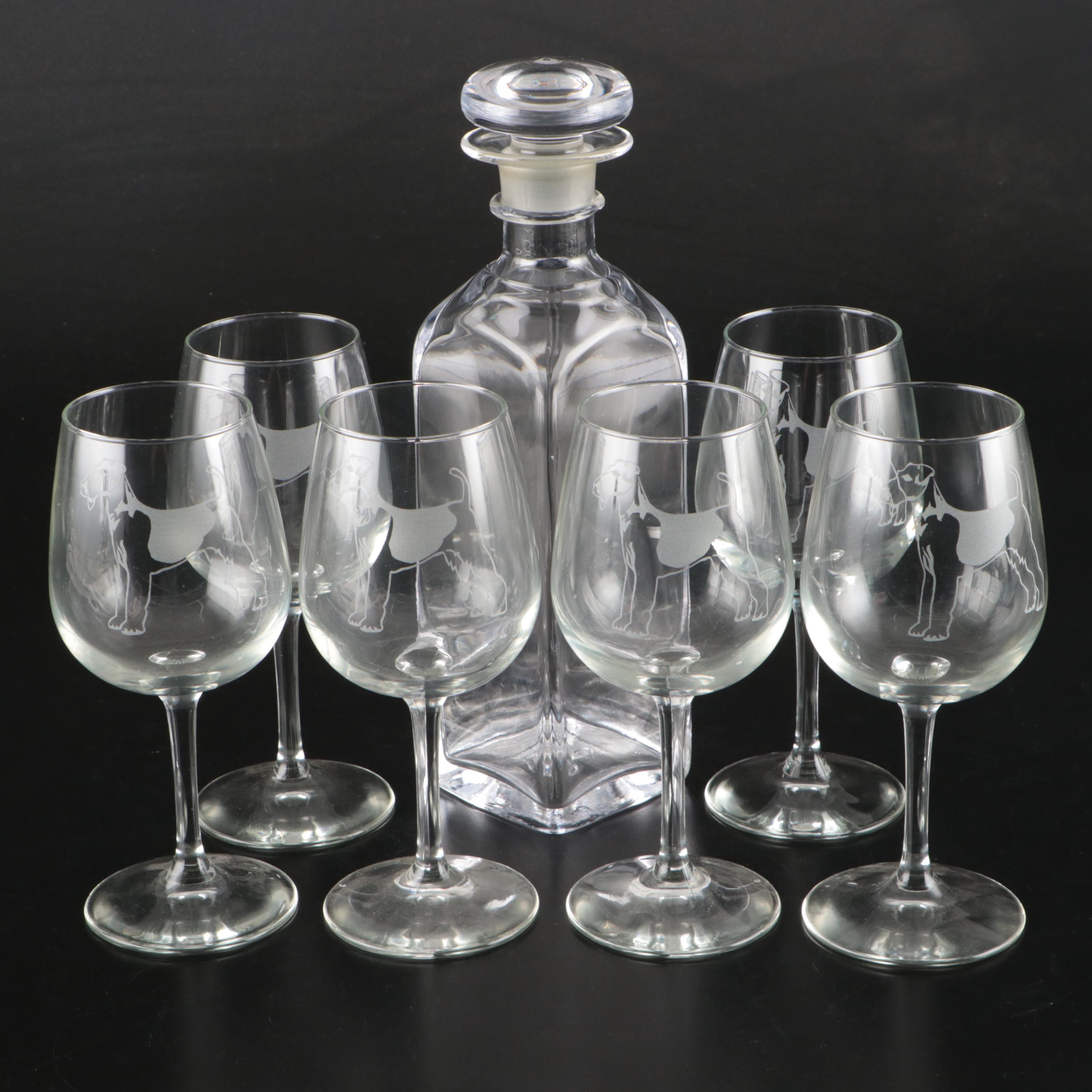 Simon Pearce Crystal Decanter with Etched Glass Dog Stemware