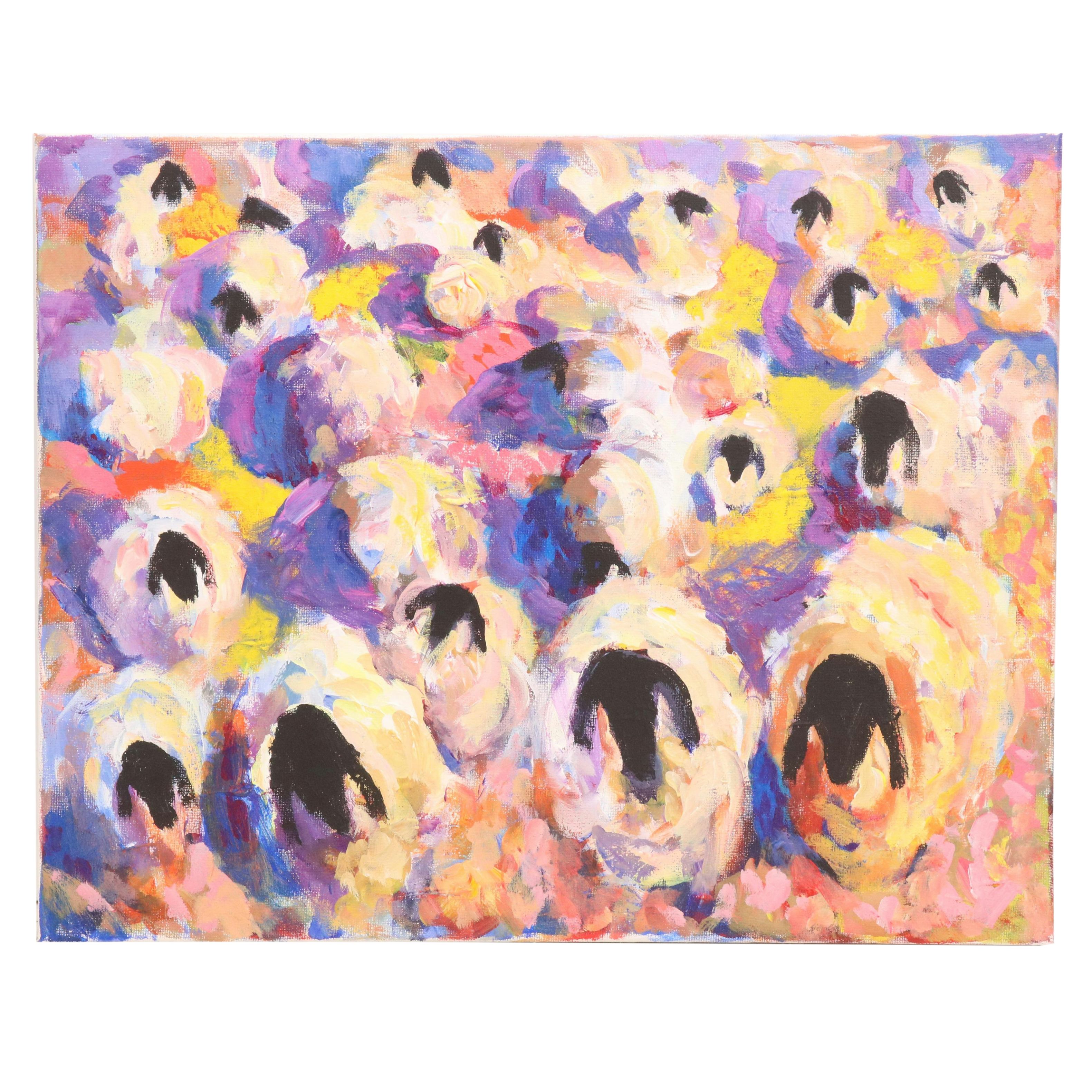 Elle Raines Stylized Acrylic Painting "Flock of Sheep #5," 21st Century