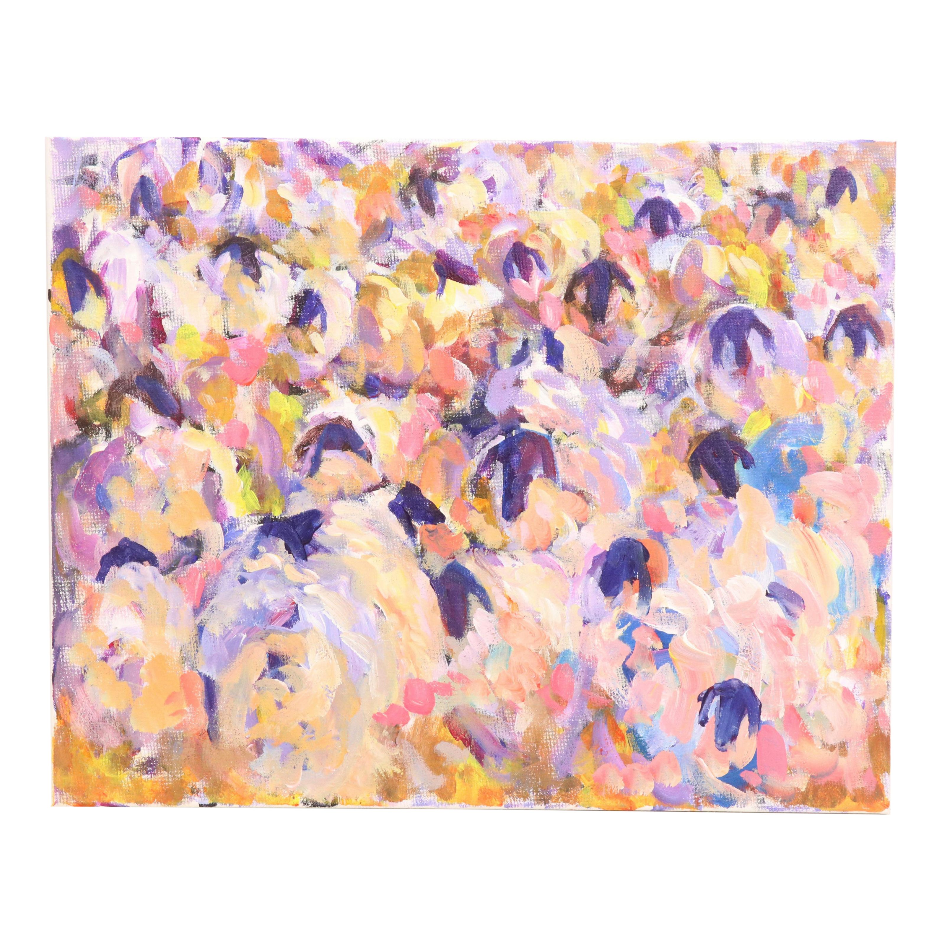 Elle Raines Stylized Acrylic Painting "Flock of Sheep #7," 21st Century