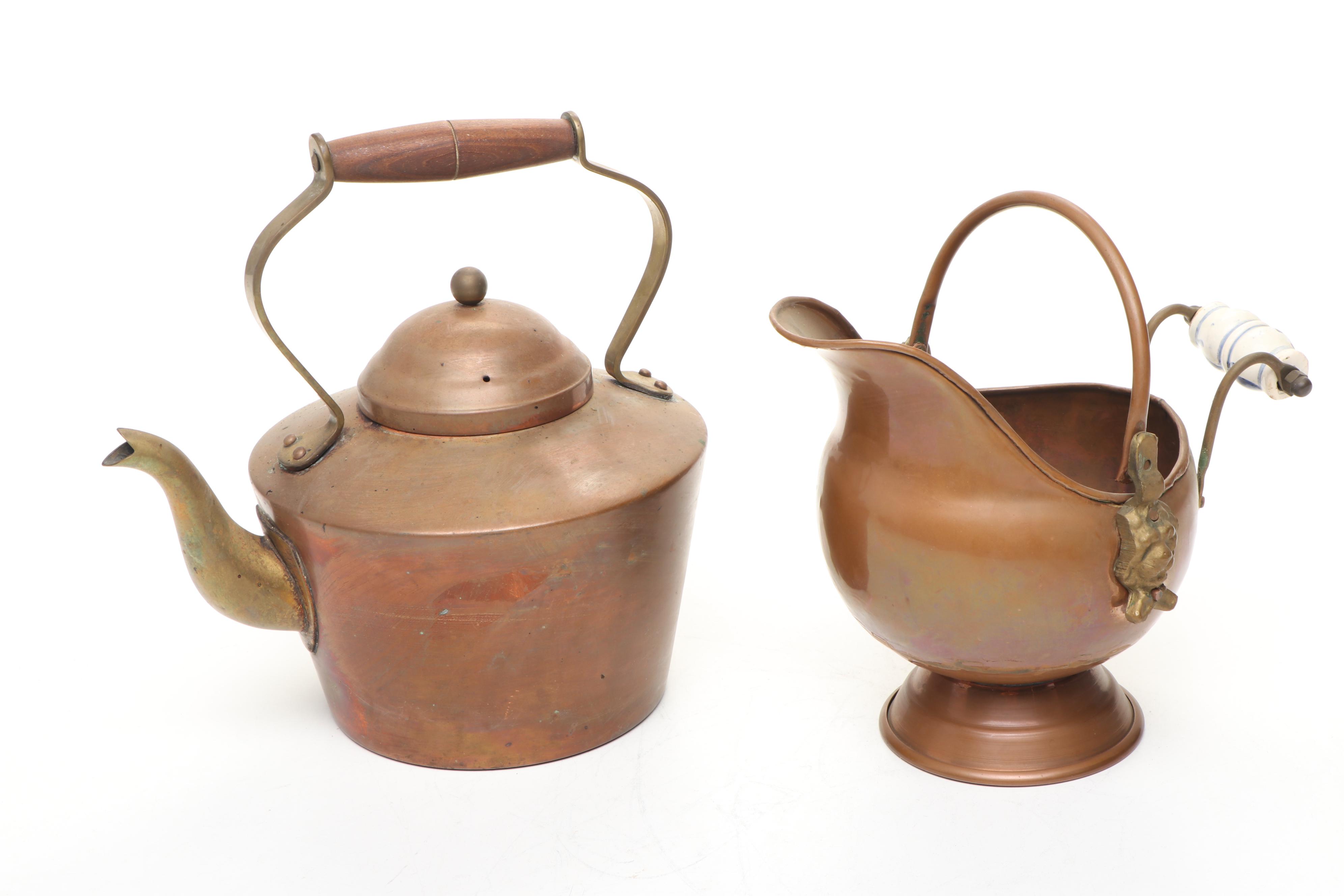 Vintage Copper Tea Kettles and Pitcher with Wrought Iron Stand