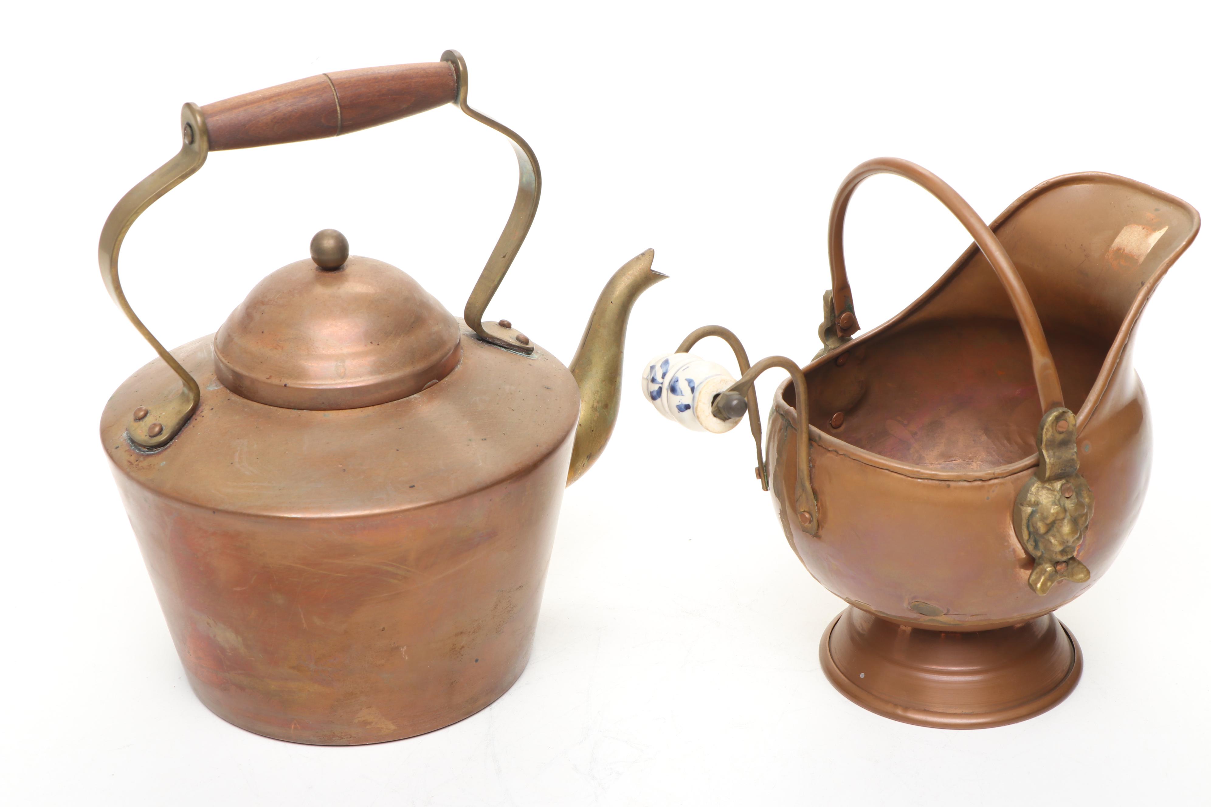 Vintage Copper Tea Kettles and Pitcher with Wrought Iron Stand