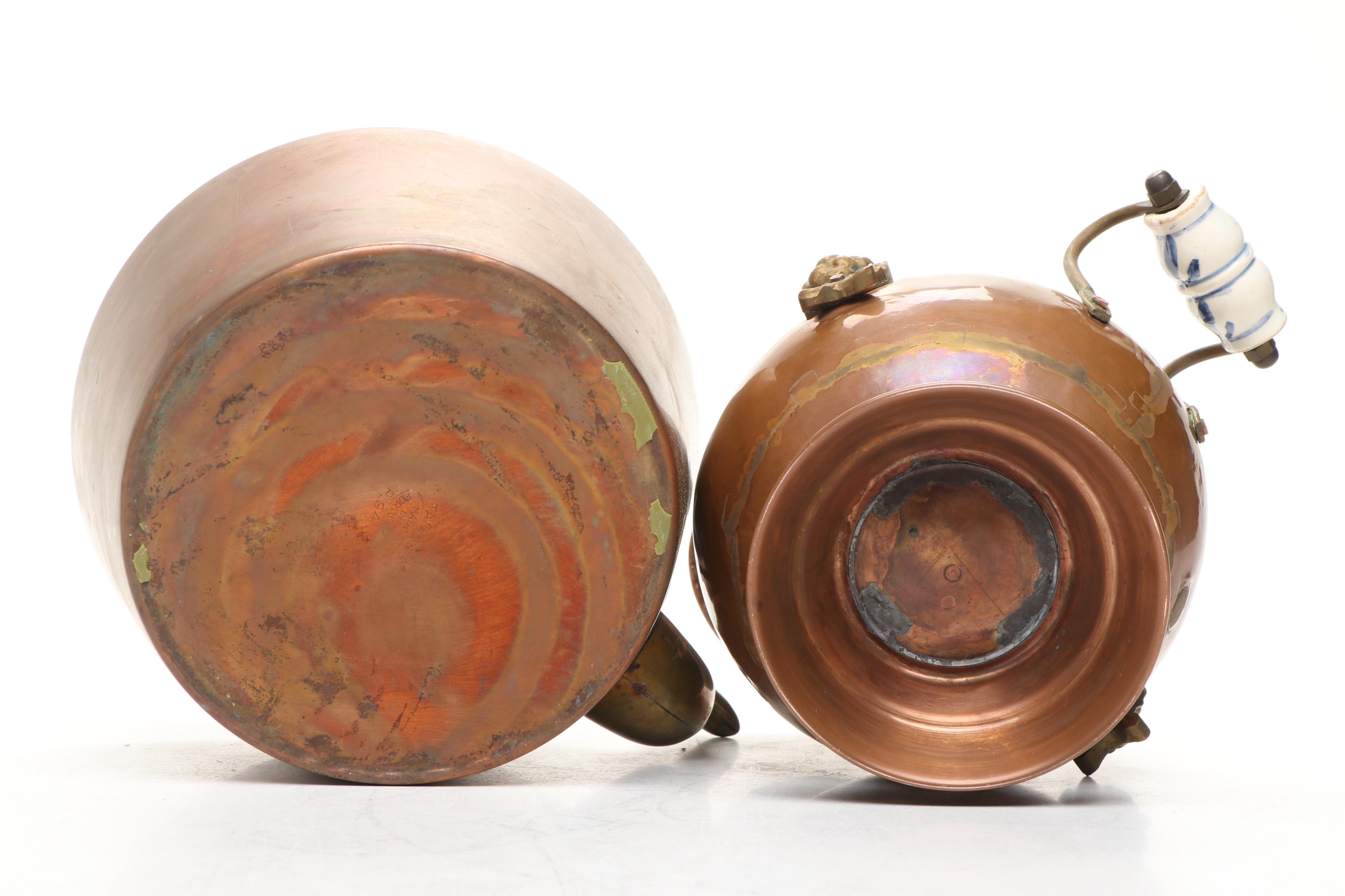 Vintage Copper Tea Kettles and Pitcher with Wrought Iron Stand