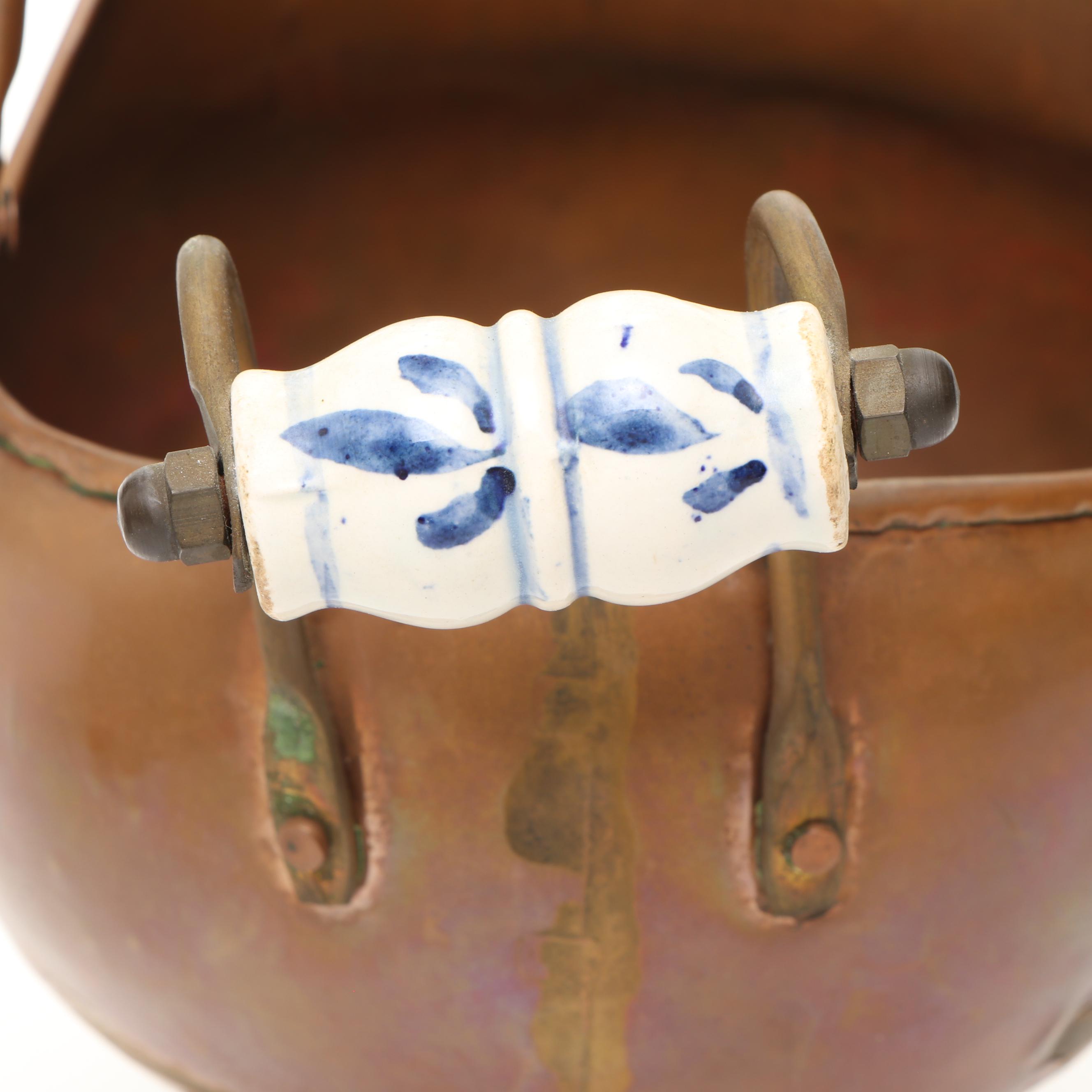 Vintage Copper Tea Kettles and Pitcher with Wrought Iron Stand