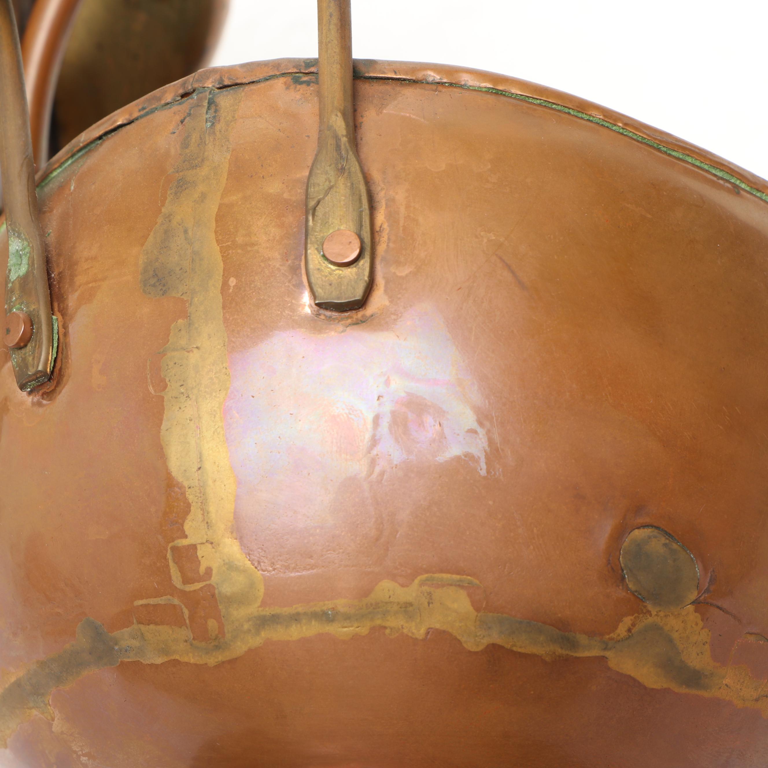 Vintage Copper Tea Kettles and Pitcher with Wrought Iron Stand