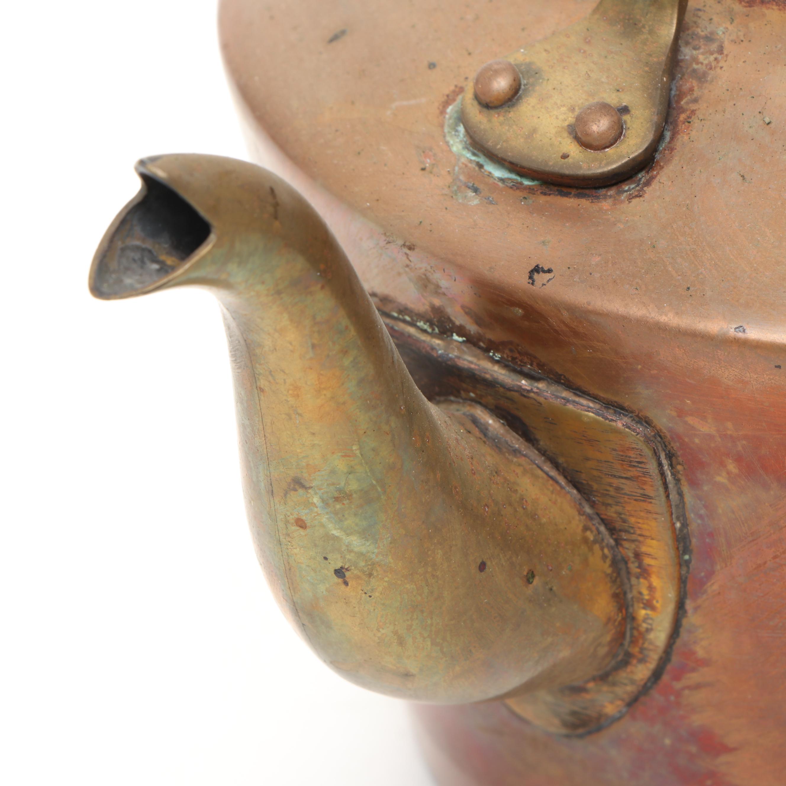 Vintage Copper Tea Kettles and Pitcher with Wrought Iron Stand