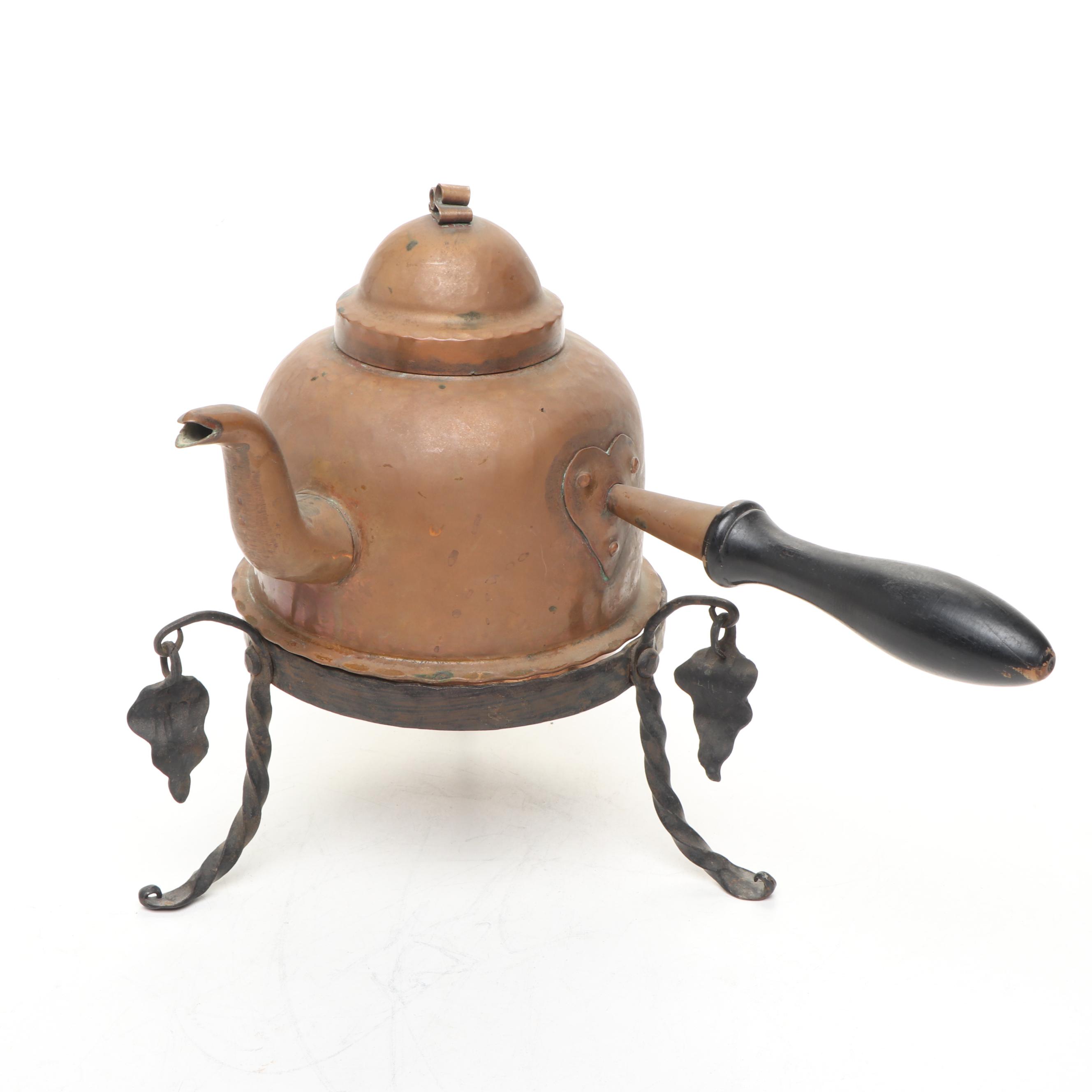 Vintage Copper Tea Kettles and Pitcher with Wrought Iron Stand