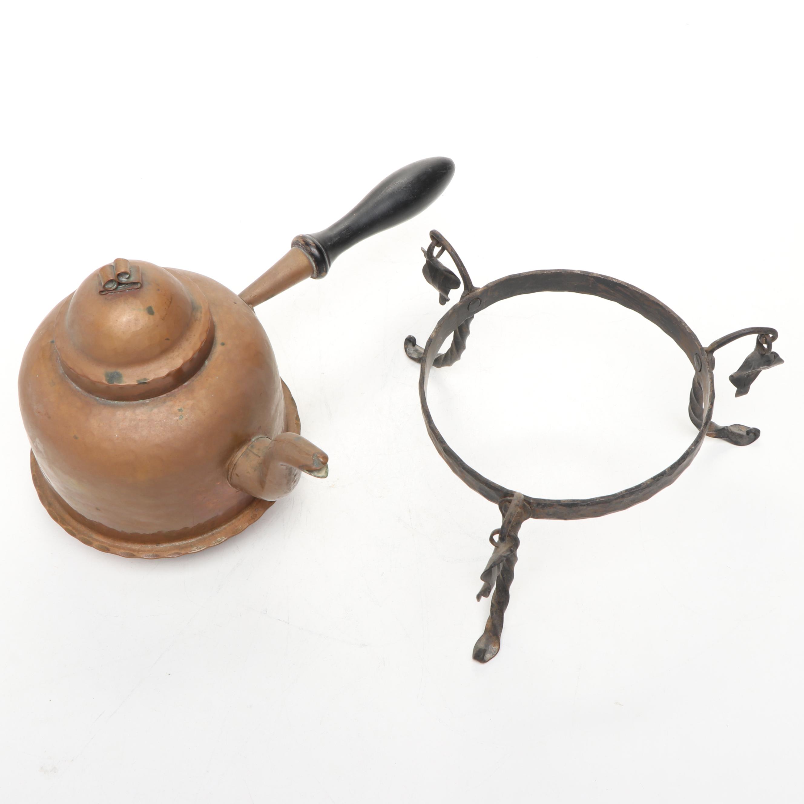 Vintage Copper Tea Kettles and Pitcher with Wrought Iron Stand
