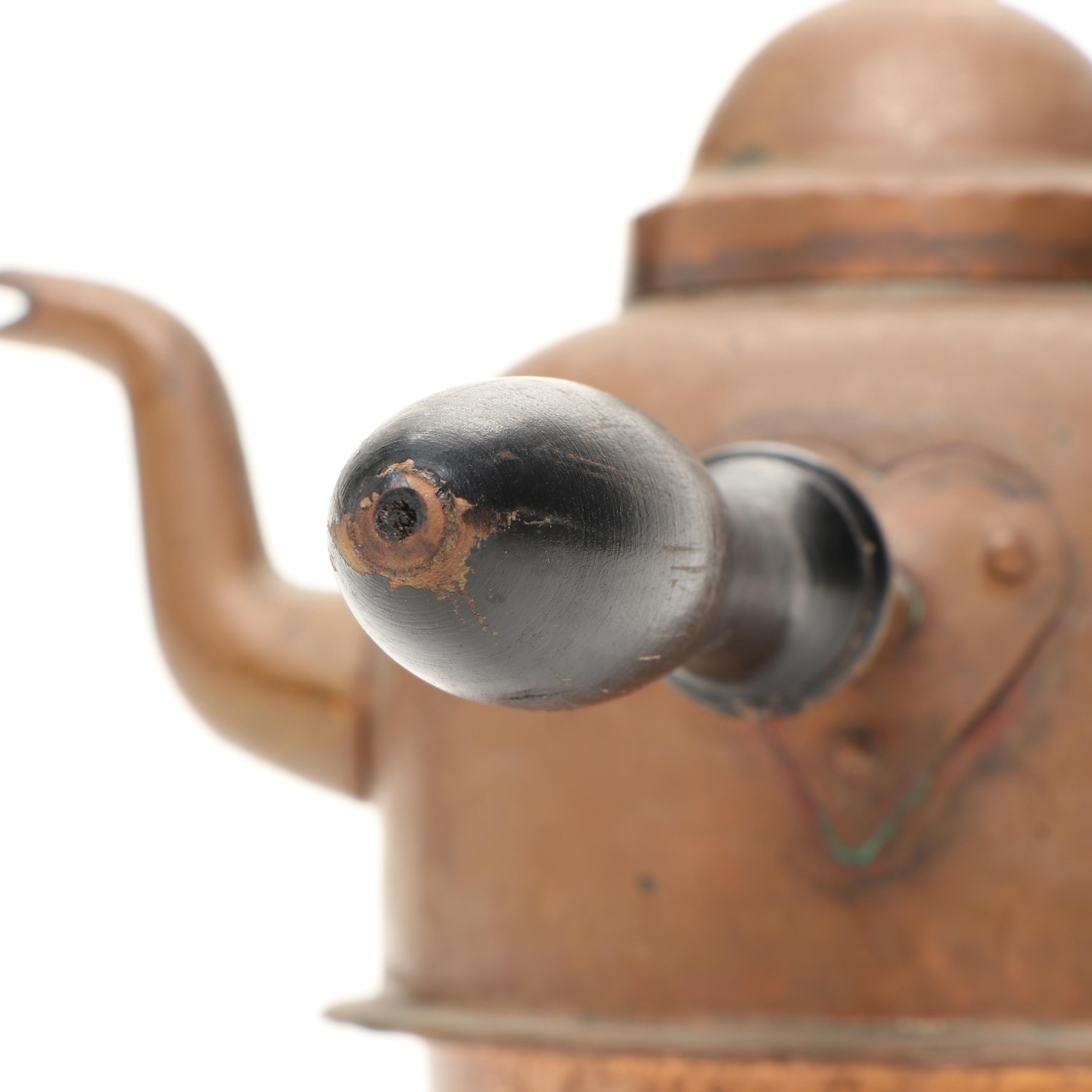 Vintage Copper Tea Kettles and Pitcher with Wrought Iron Stand