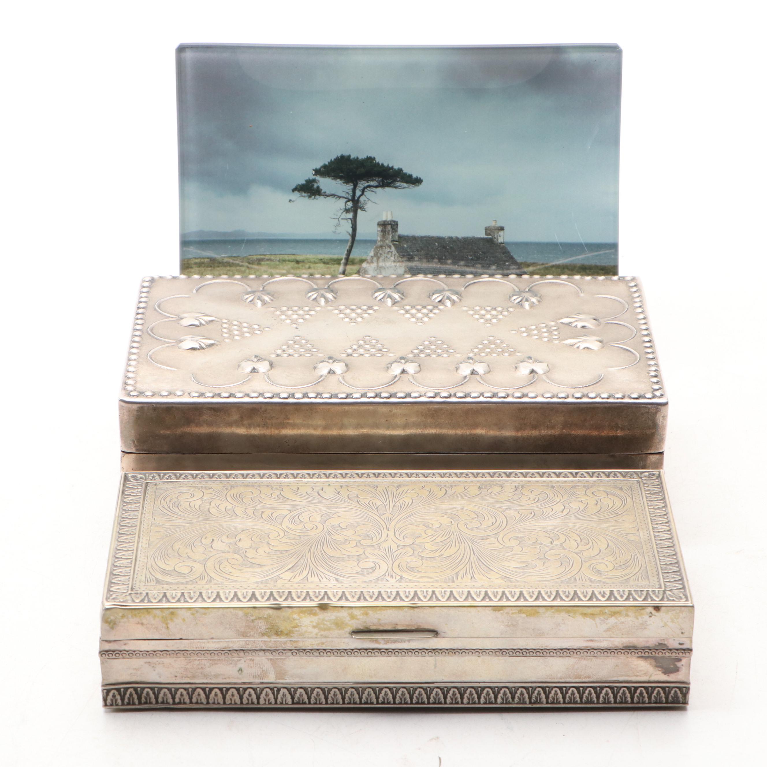John Derian Photographic Glass Tray with Embossed Decorative Metal Boxes