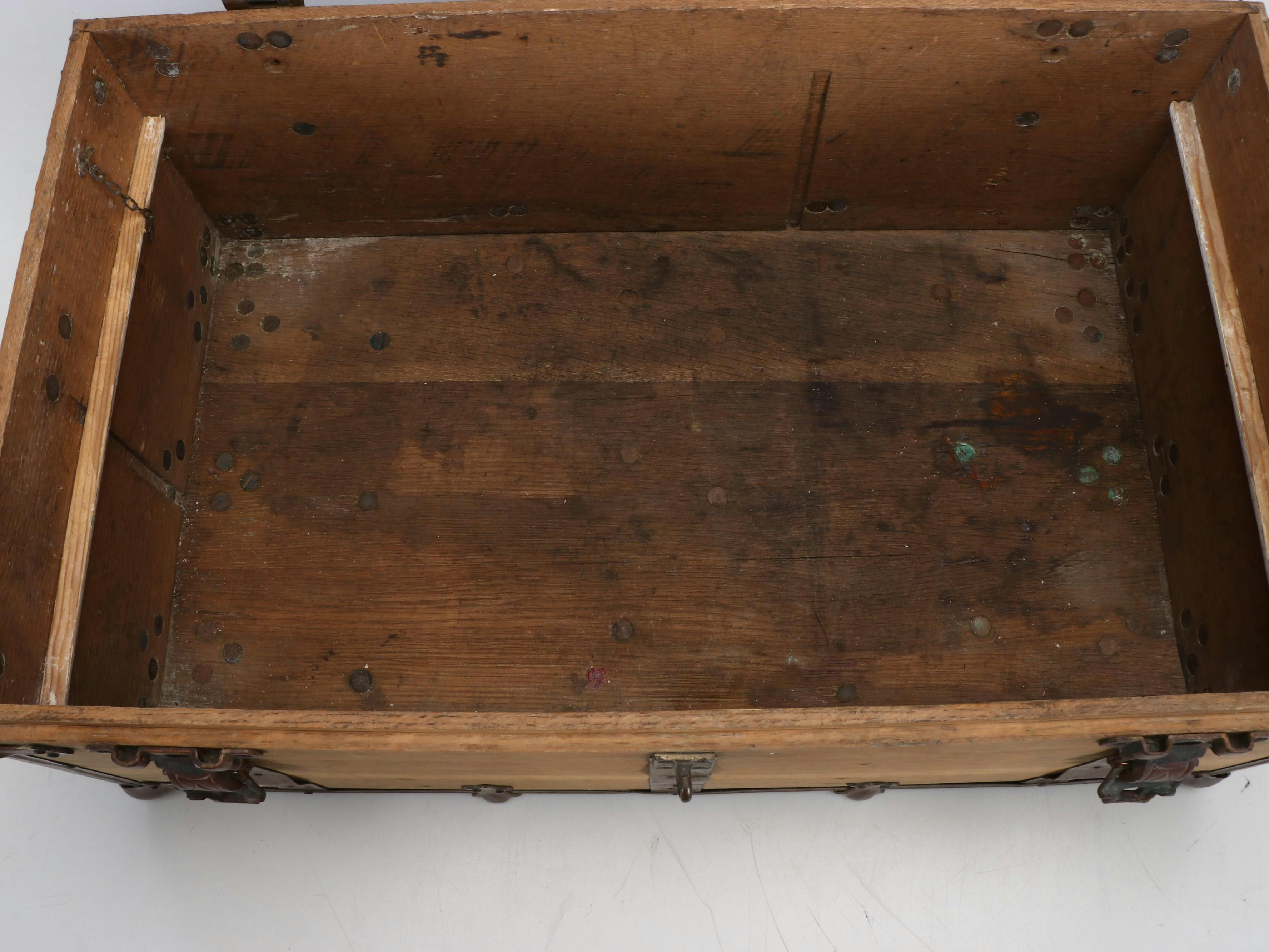 Victorian Wooden Metal Banded Flat Top Trunk, 19th Century