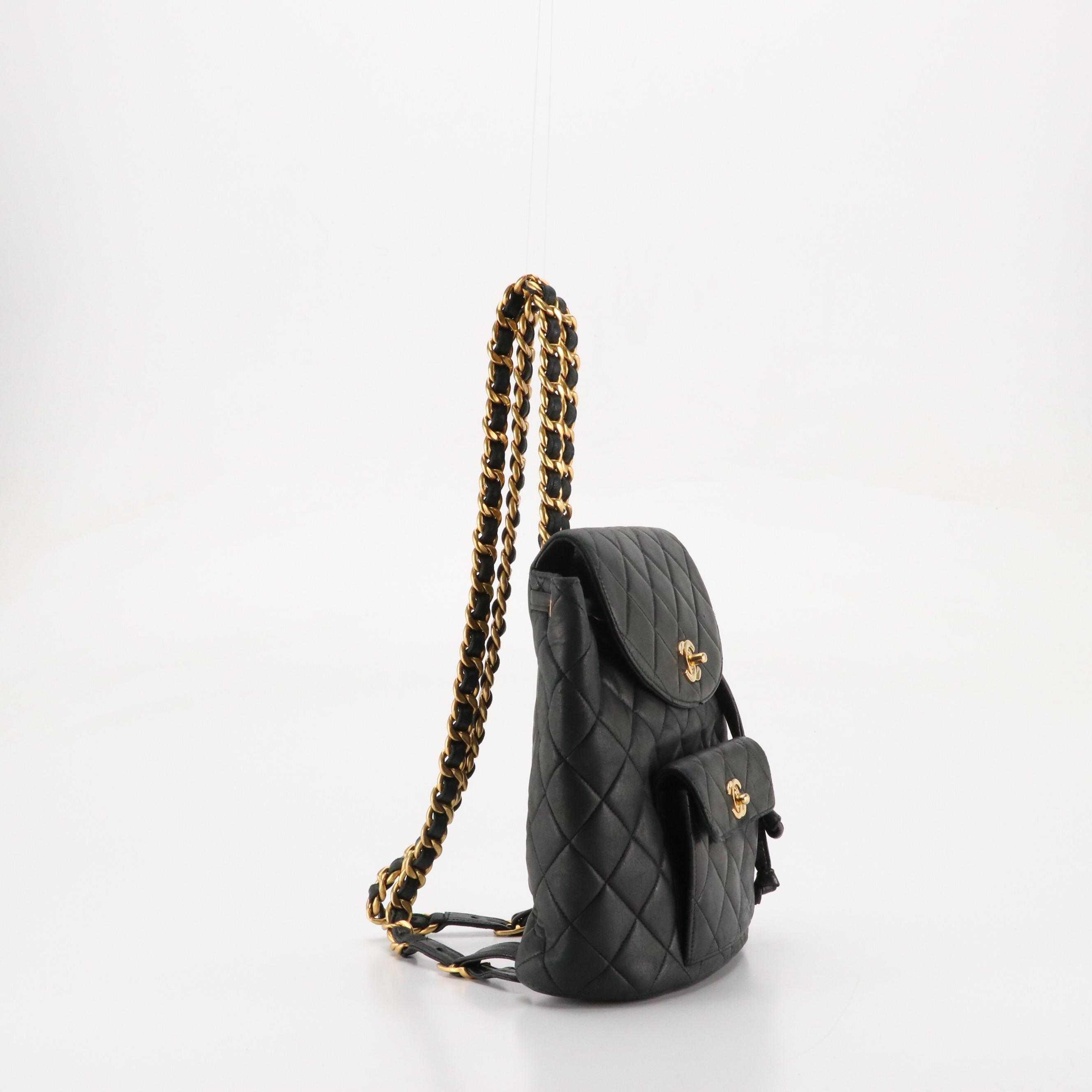 Chanel CC Drawstring Chain Strap Backpack in Black Quilted Leather