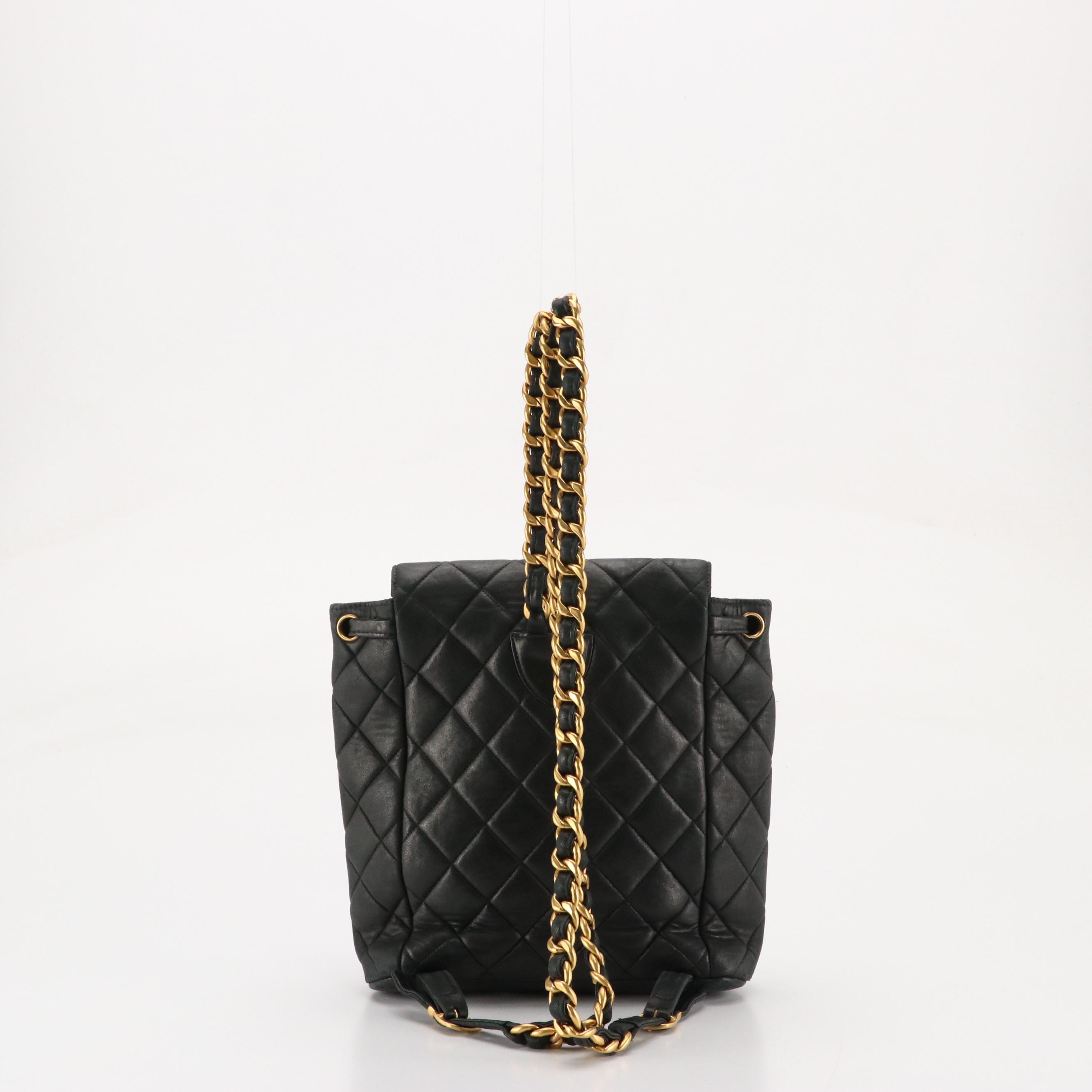 Chanel CC Drawstring Chain Strap Backpack in Black Quilted Leather