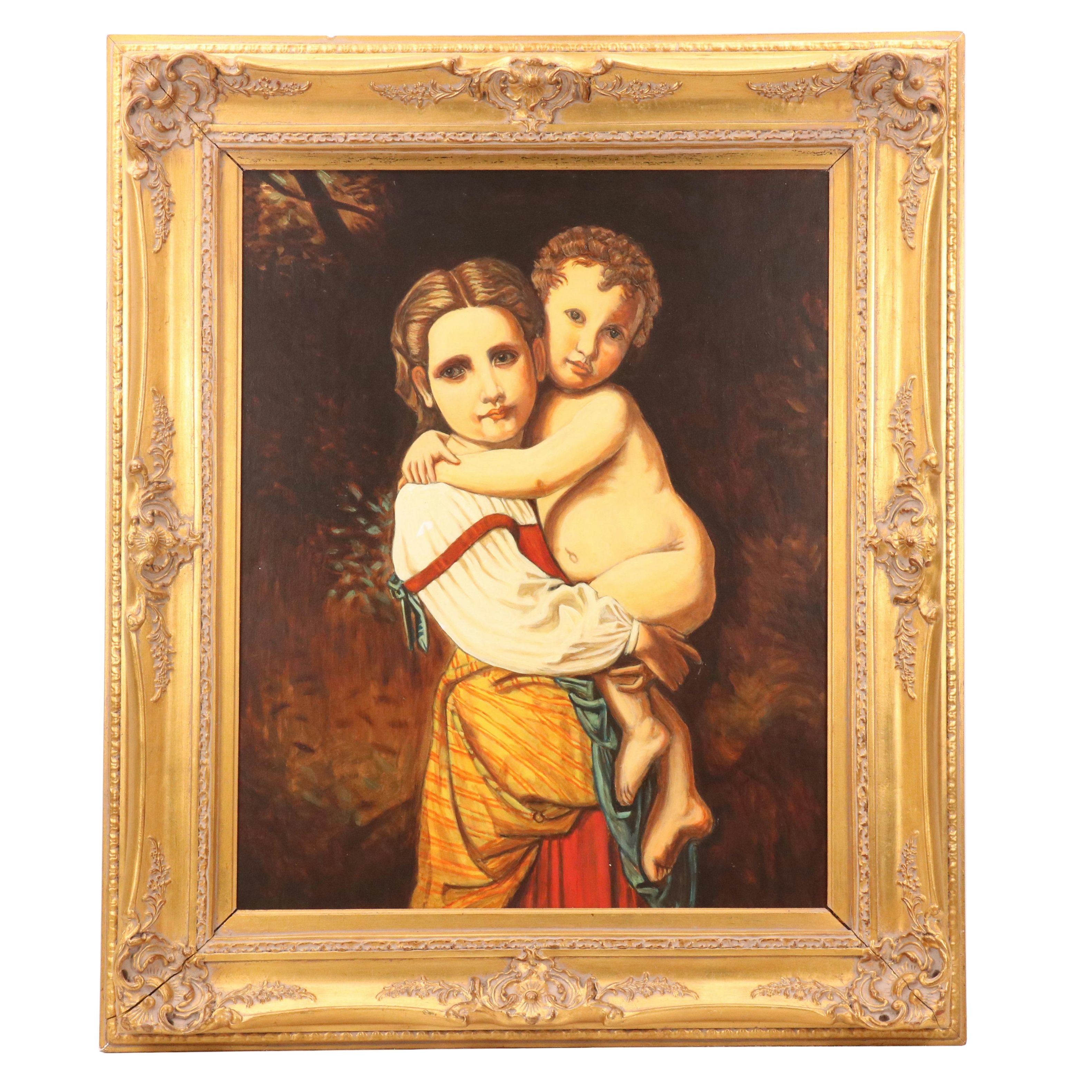 Portrait Oil Painting of Young Woman Holding Child, Late 20th Century