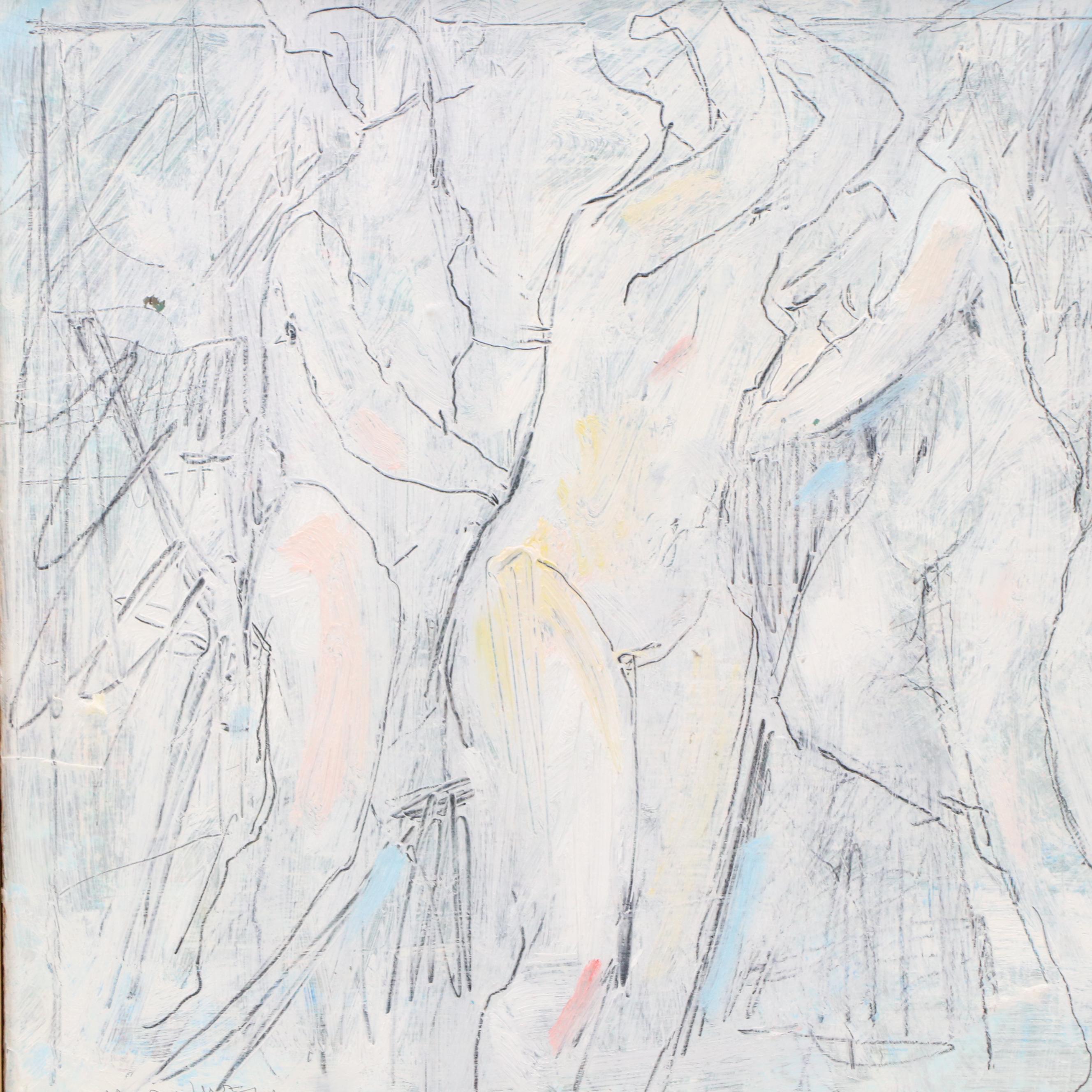 Jack Meanwell Impasto Oil Painting of Three Female Nudes, 1977